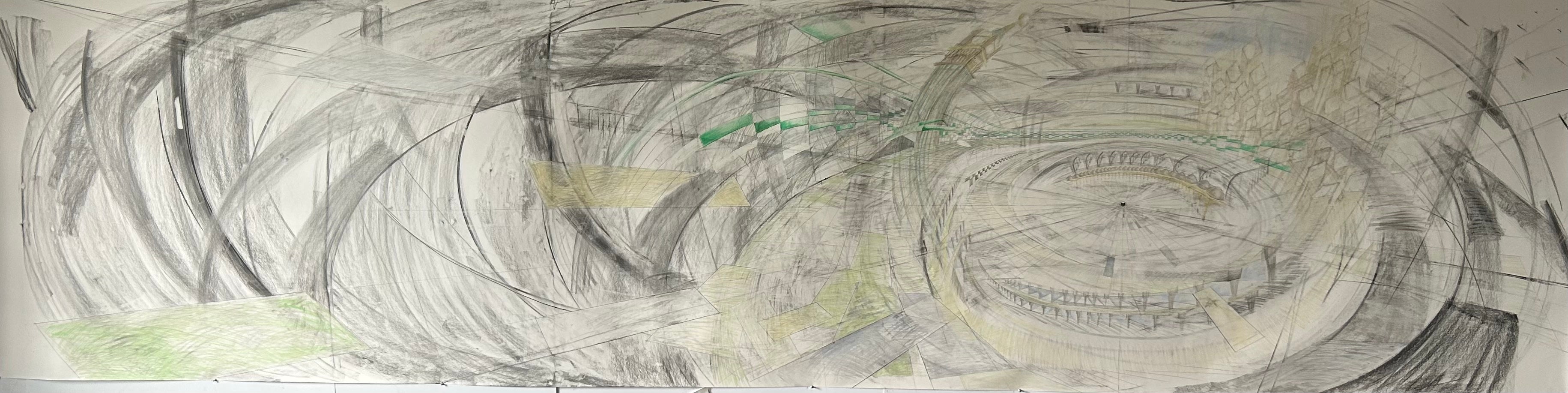 Panoramic drawing with multiple, colliding perspectives of the Kaaba and Masjid Al Haram. 