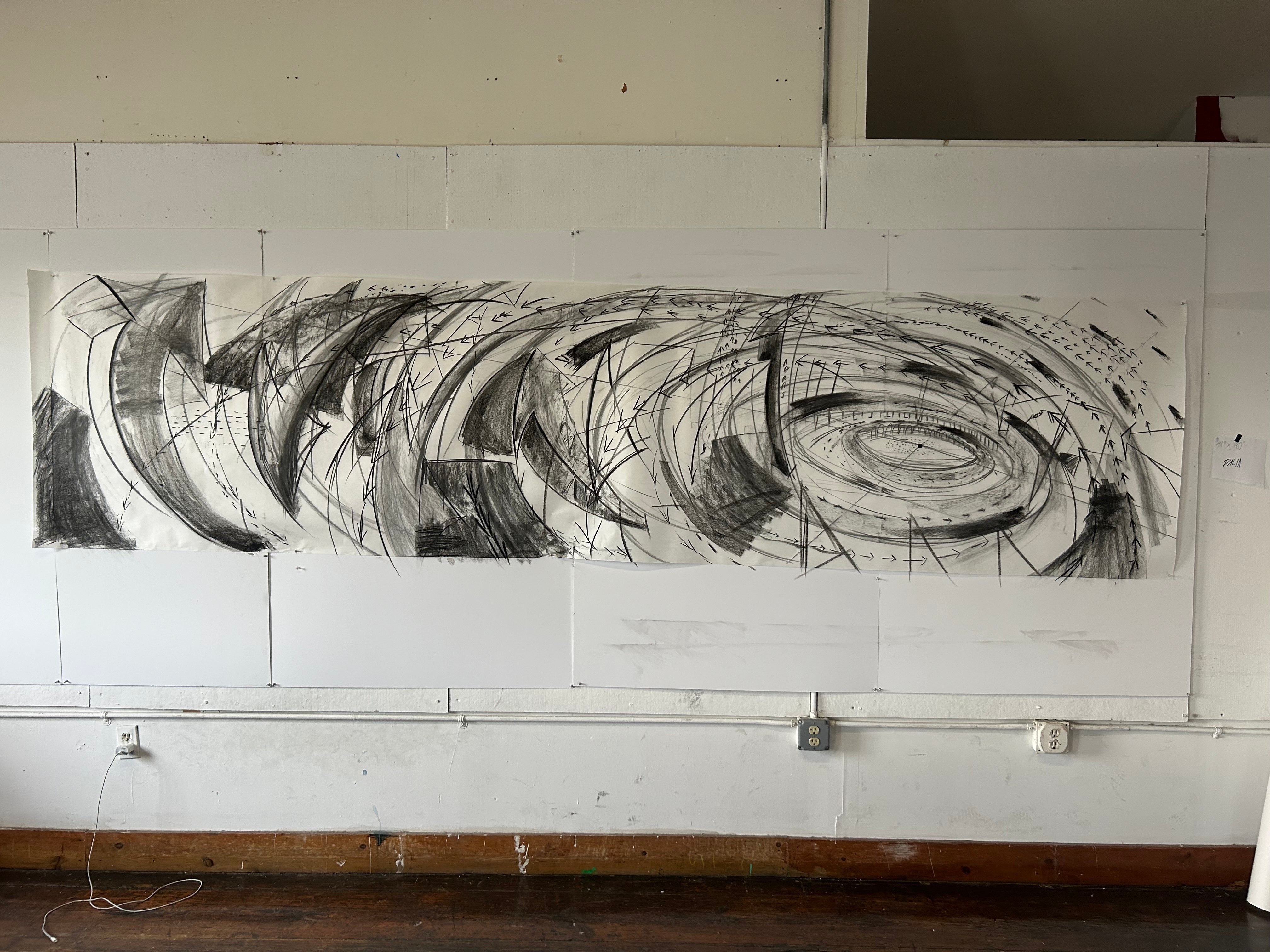 Process drawing and compositional map of arrows, lines, and shapes using charcoal. 