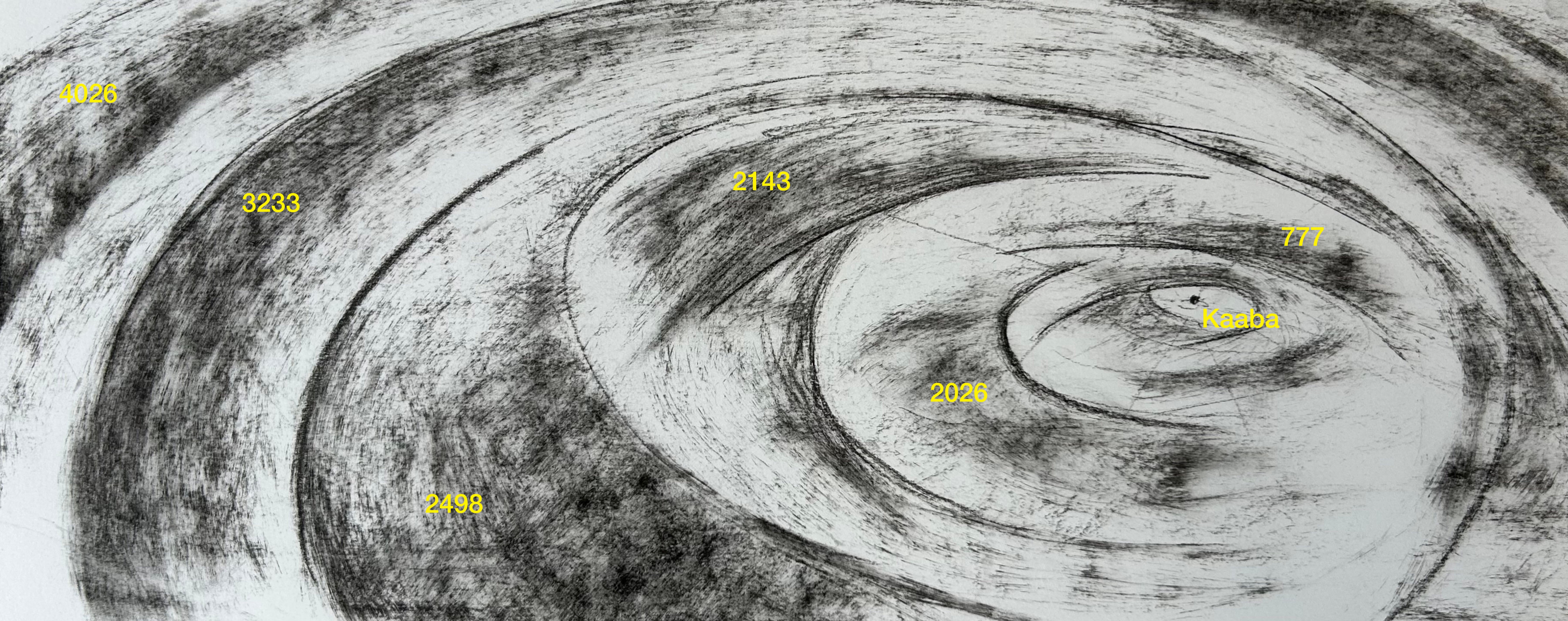 Concentric rings drawn in charcoal. 
