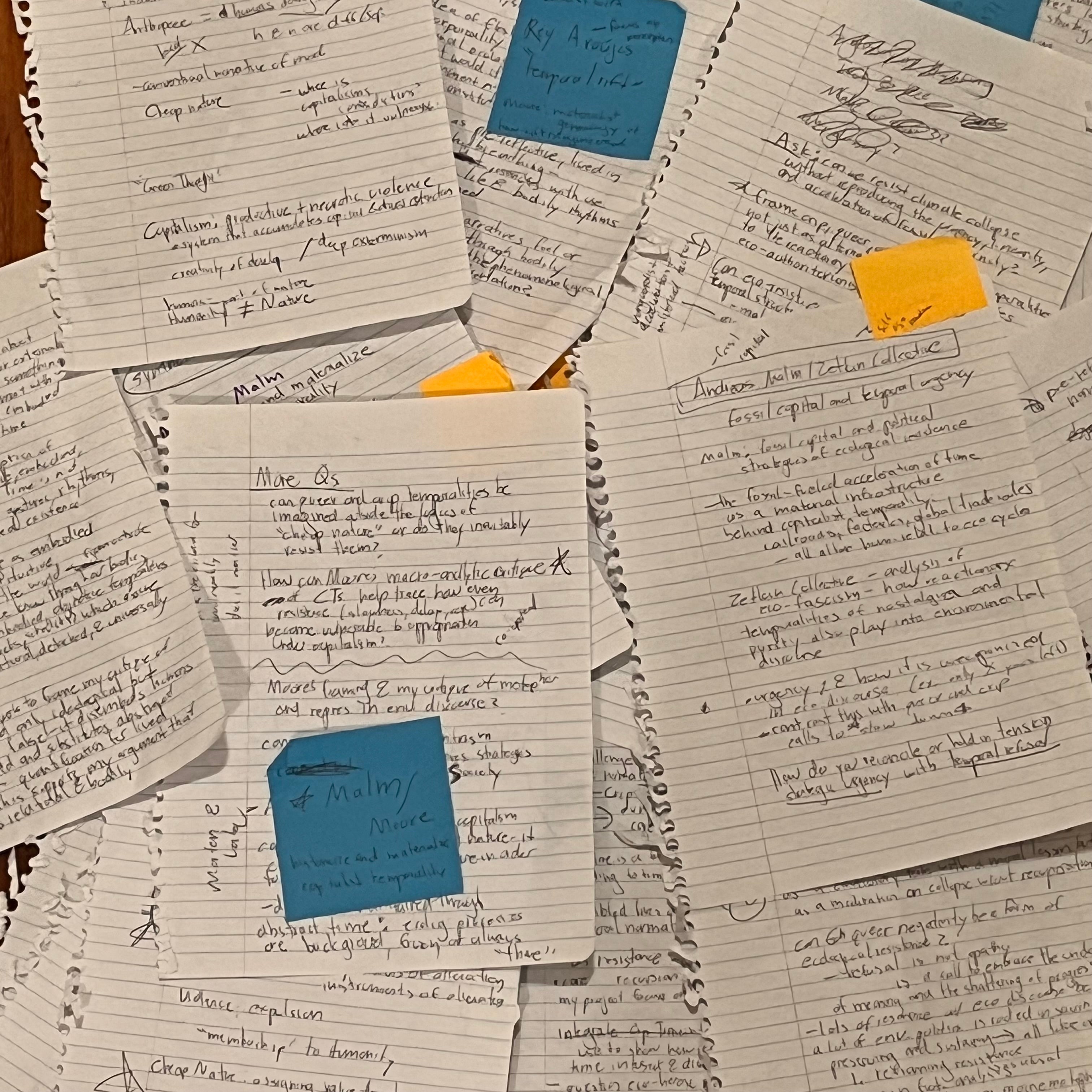 Scattered handwritten thesis notes cover a wooden table, layered with torn notebook pages, blue and orange sticky notes, and underlined references to queer temporality, ecology, and capitalism. Dense black ink annotations create a cluttered, word-heavy image.