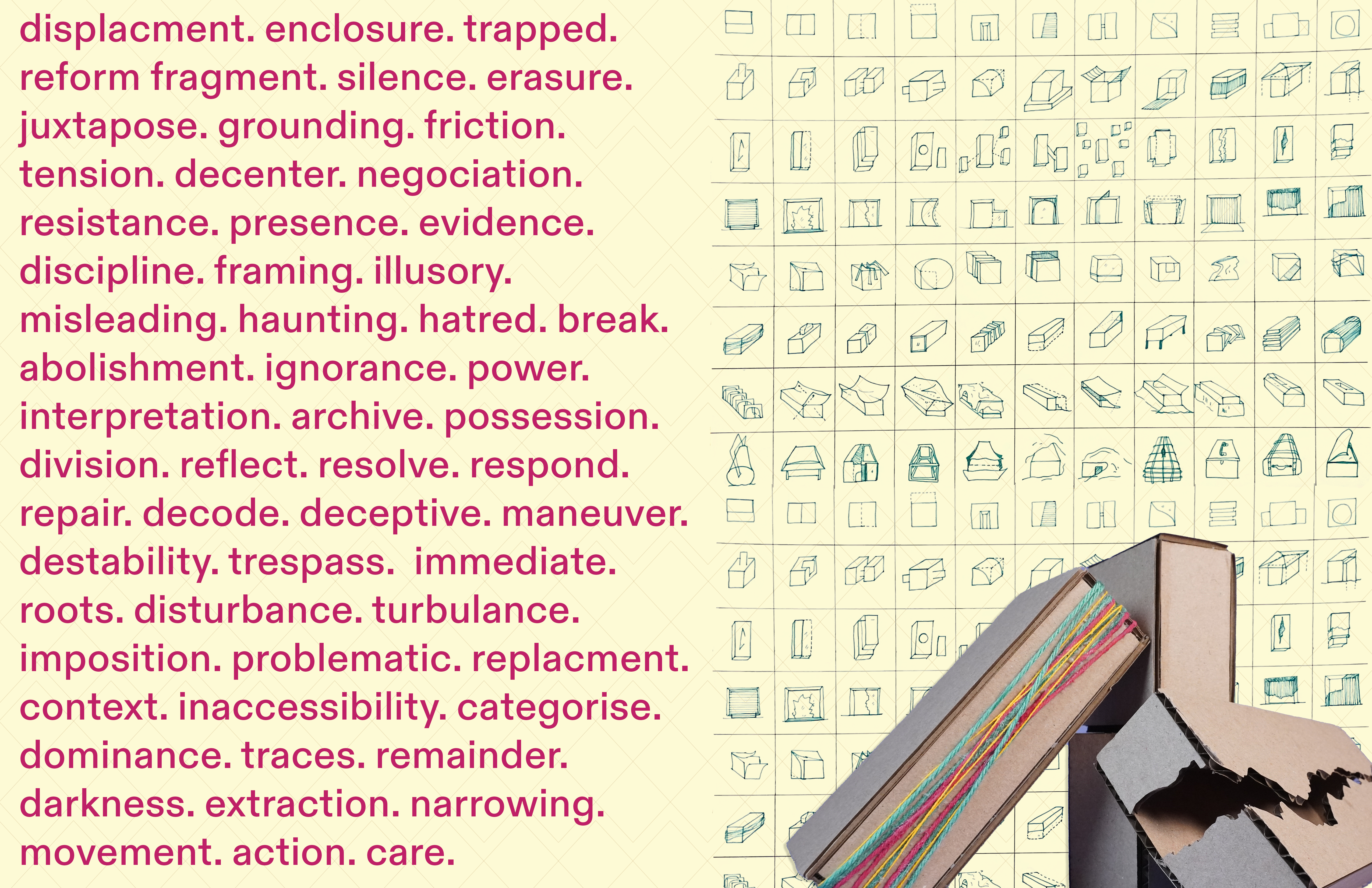 Left half: dense column of critical theory terms in bold magenta — "displacement. enclosure. trapped. erasure…" — on cream. Right half: a grid of small hand-drawn cardboard form sketches in teal, with a torn and thread-bound cardboard model overlapping the lower right corner.