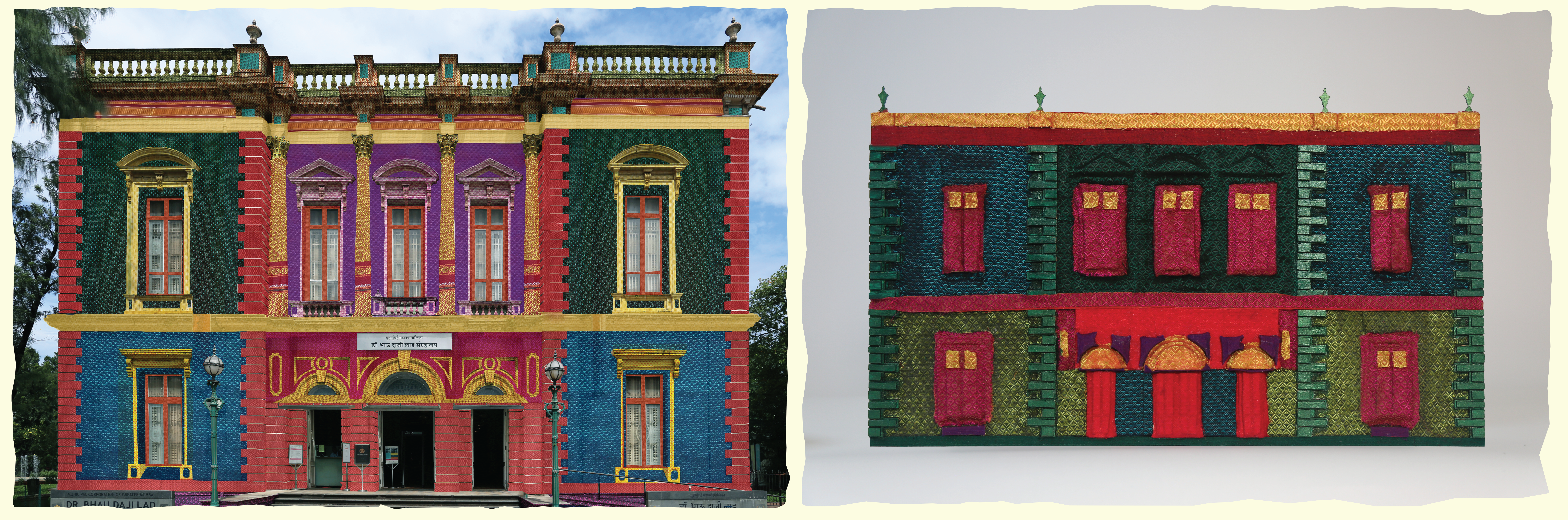 Side-by-side images of a neoclassical museum facade. Left: a photograph of the Dr. Bhau Daji Lad Museum painted in bold teal, purple, red, and gold. Right: a textile or material model of the same facade collaged with the Khunn fabric in rich red, teal, and gold fabrics. 