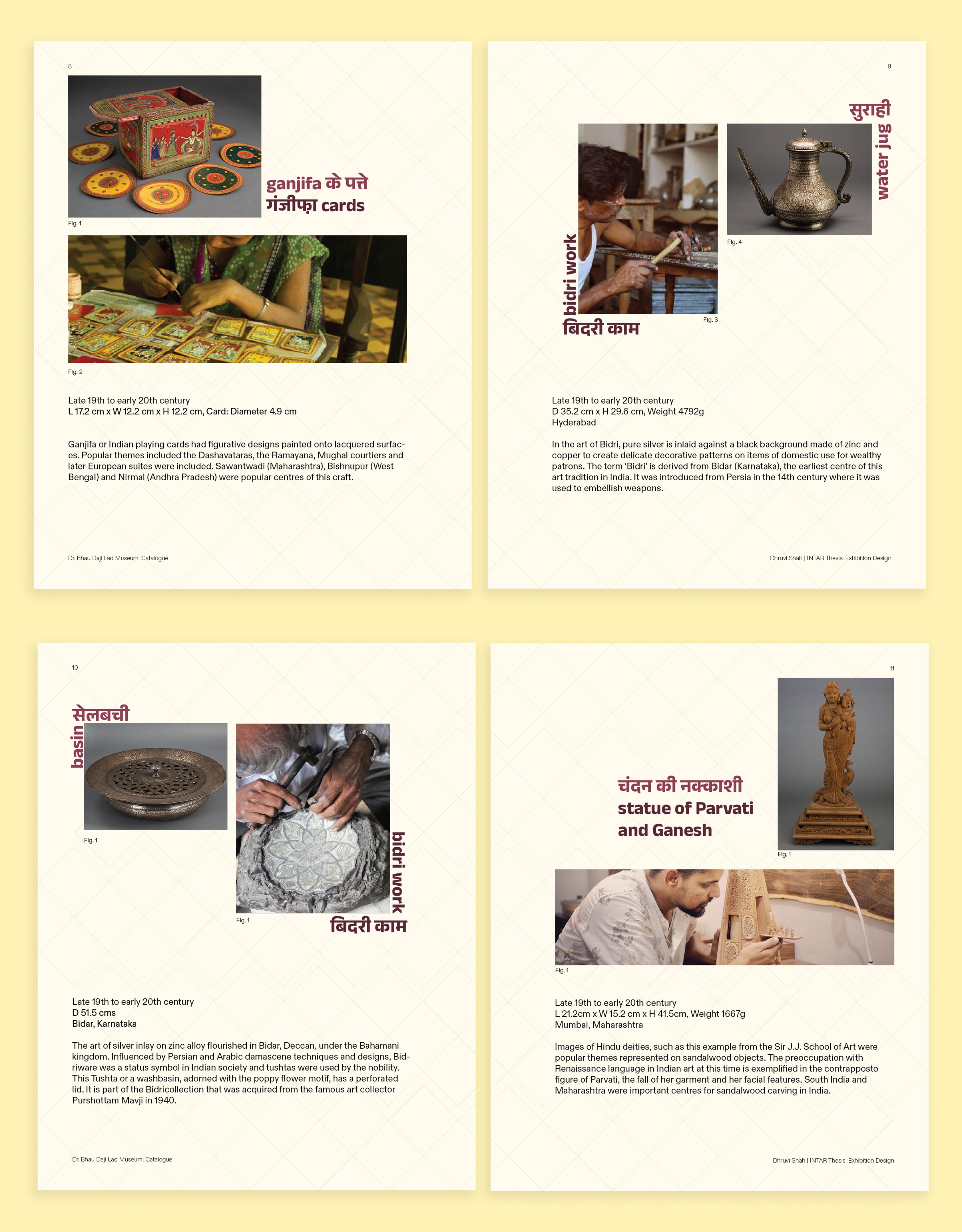 Four bilingual catalogue spreads on a yellow background, featuring photographs of Indian craft objects — ganjifa cards, bidri metalwork, a basin, and a sandalwood statue of Parvati and Ganesh — alongside images of artisans at work. Text in Hindi and English.