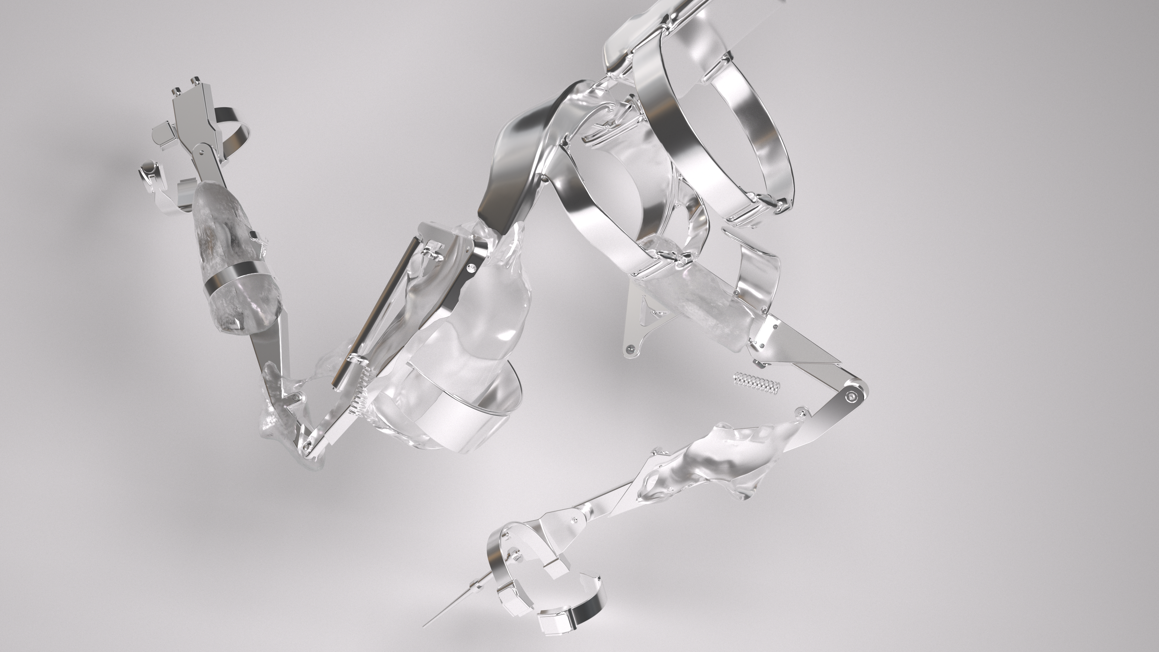 A silver-white leg brace animation designed for a 27-inch screen. It moves slowly back and forth.