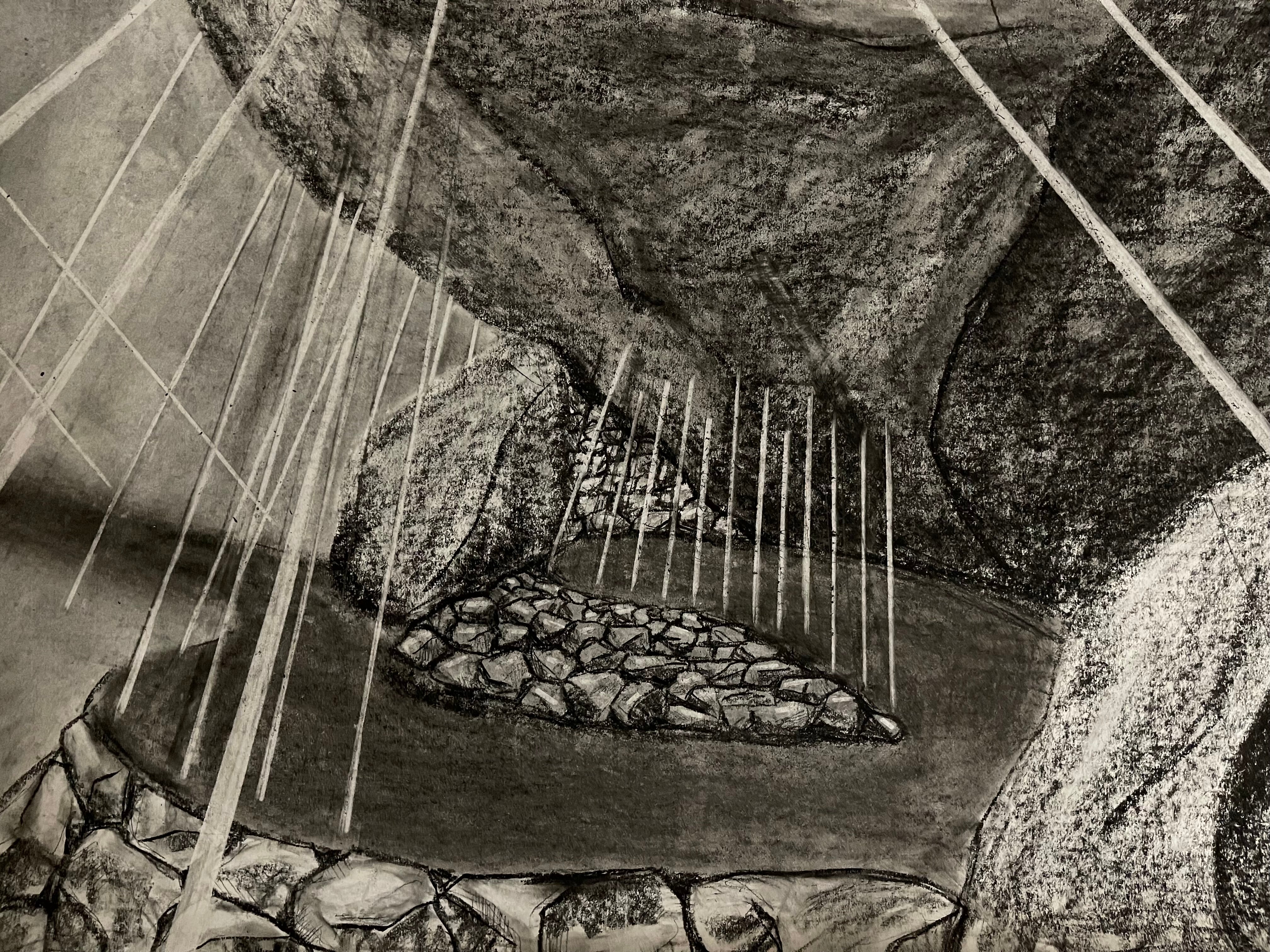 Charcoal drawing of boulders propped up by thin wood posts.