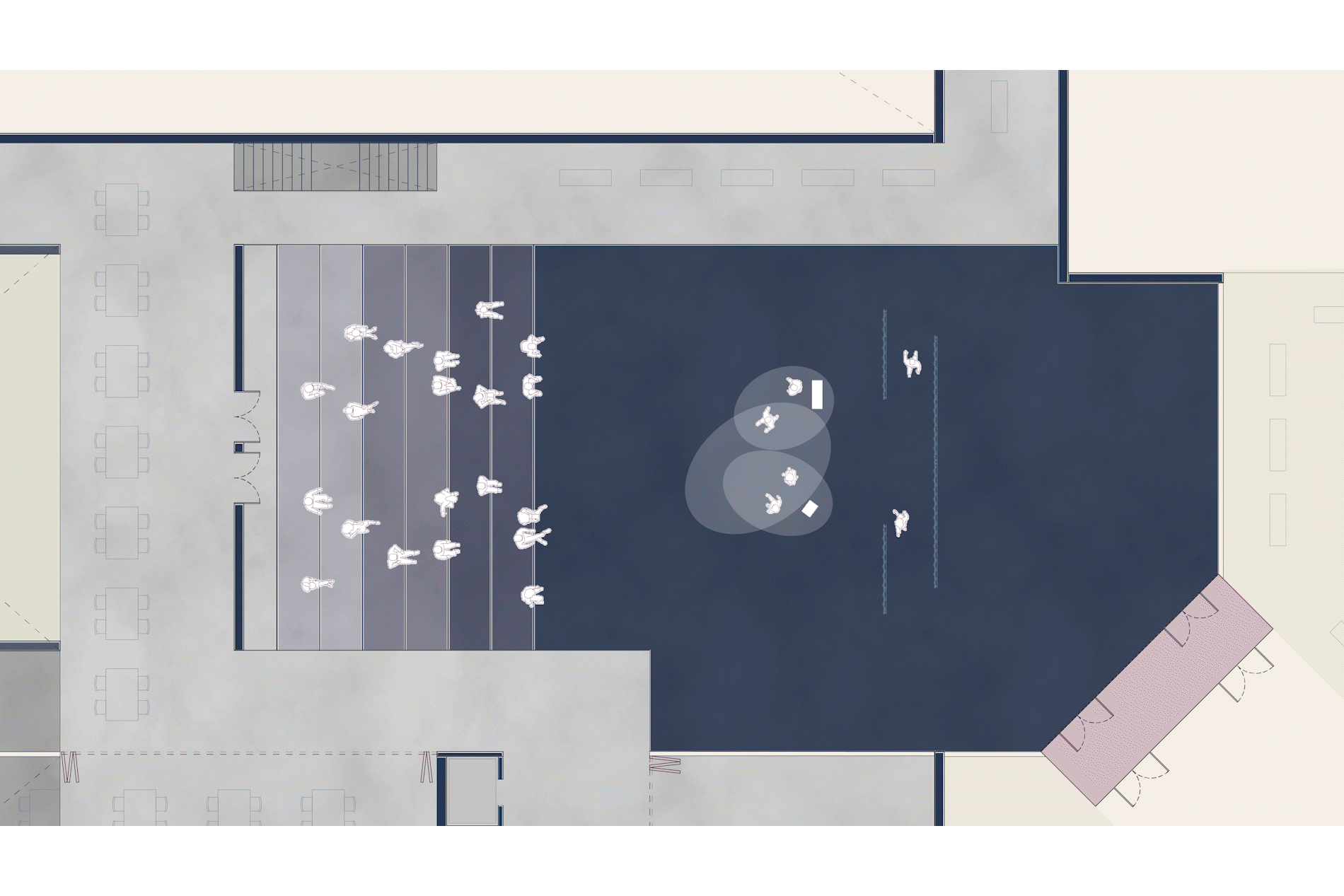 GIF of a plan render of the cultural center which shows three different events.