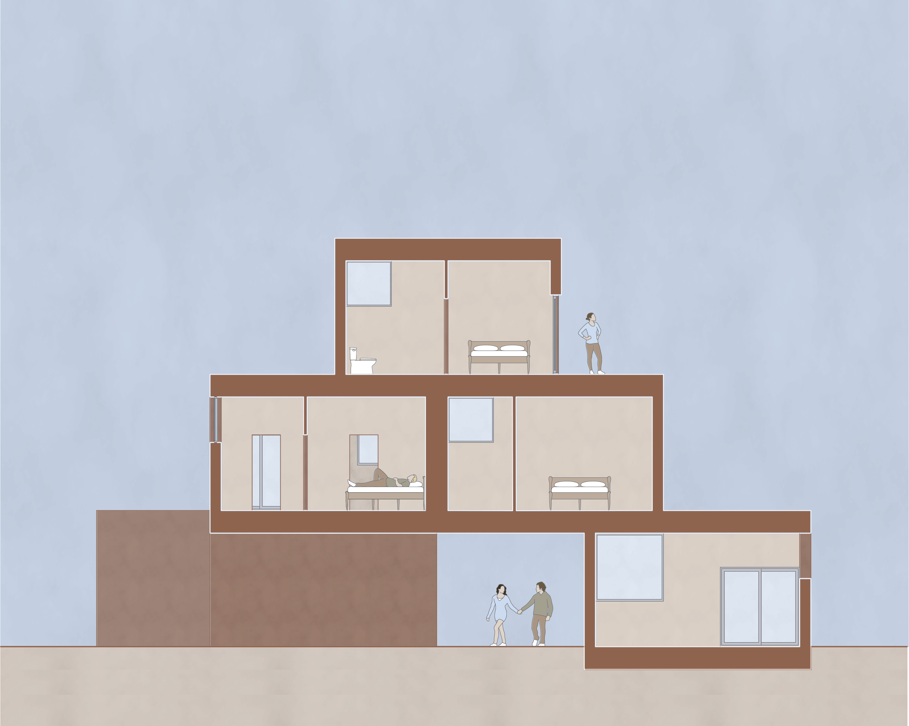 Section rendering of an apartment design. The units are stepped creating a terracing effect.