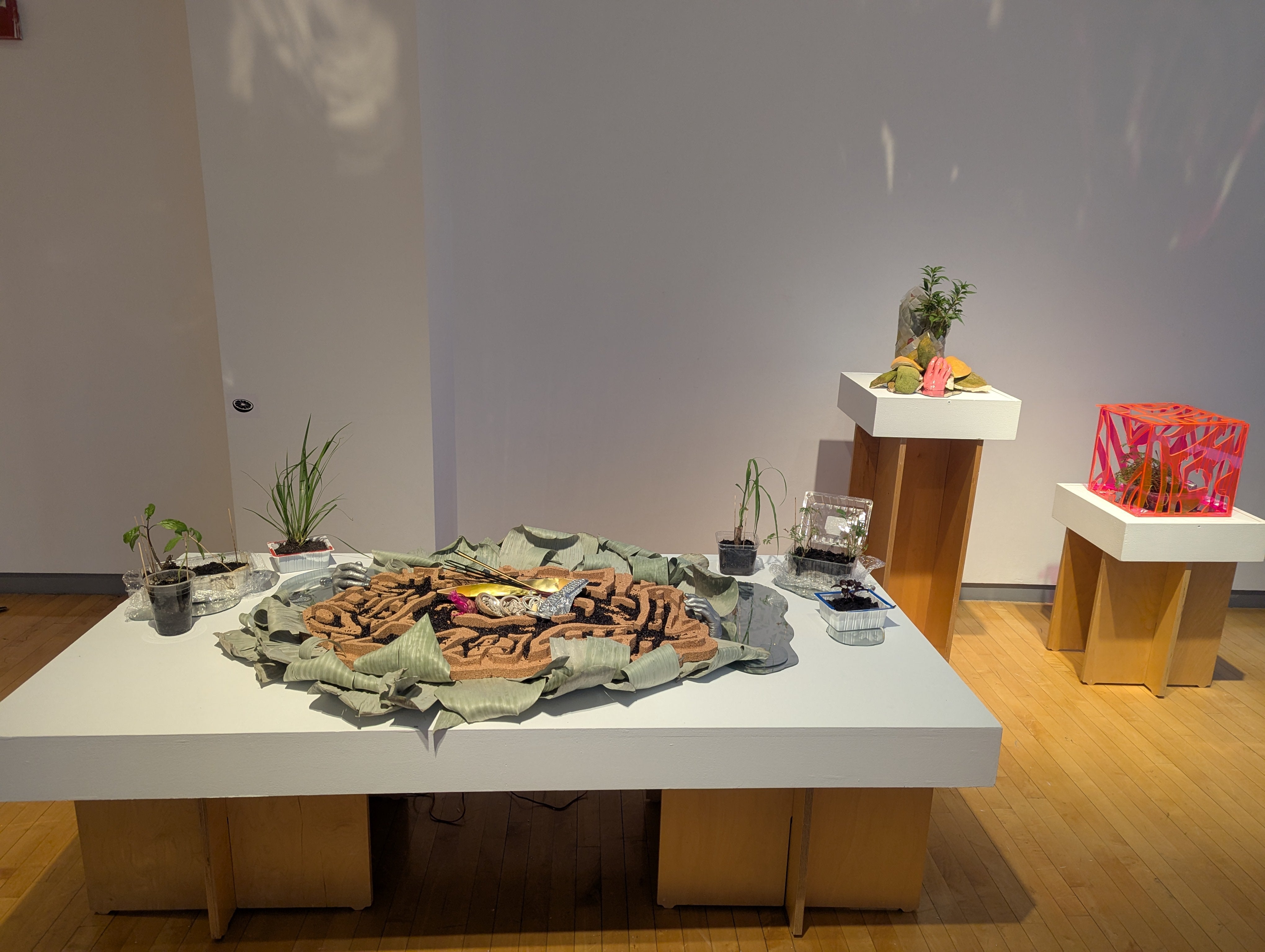Batik-patterned altar covered in black rice and protective talismans, flanked by live herbs and banana leaves. Two separate pedestals display a woven vessel and a neon-lit batik cube with plants. 