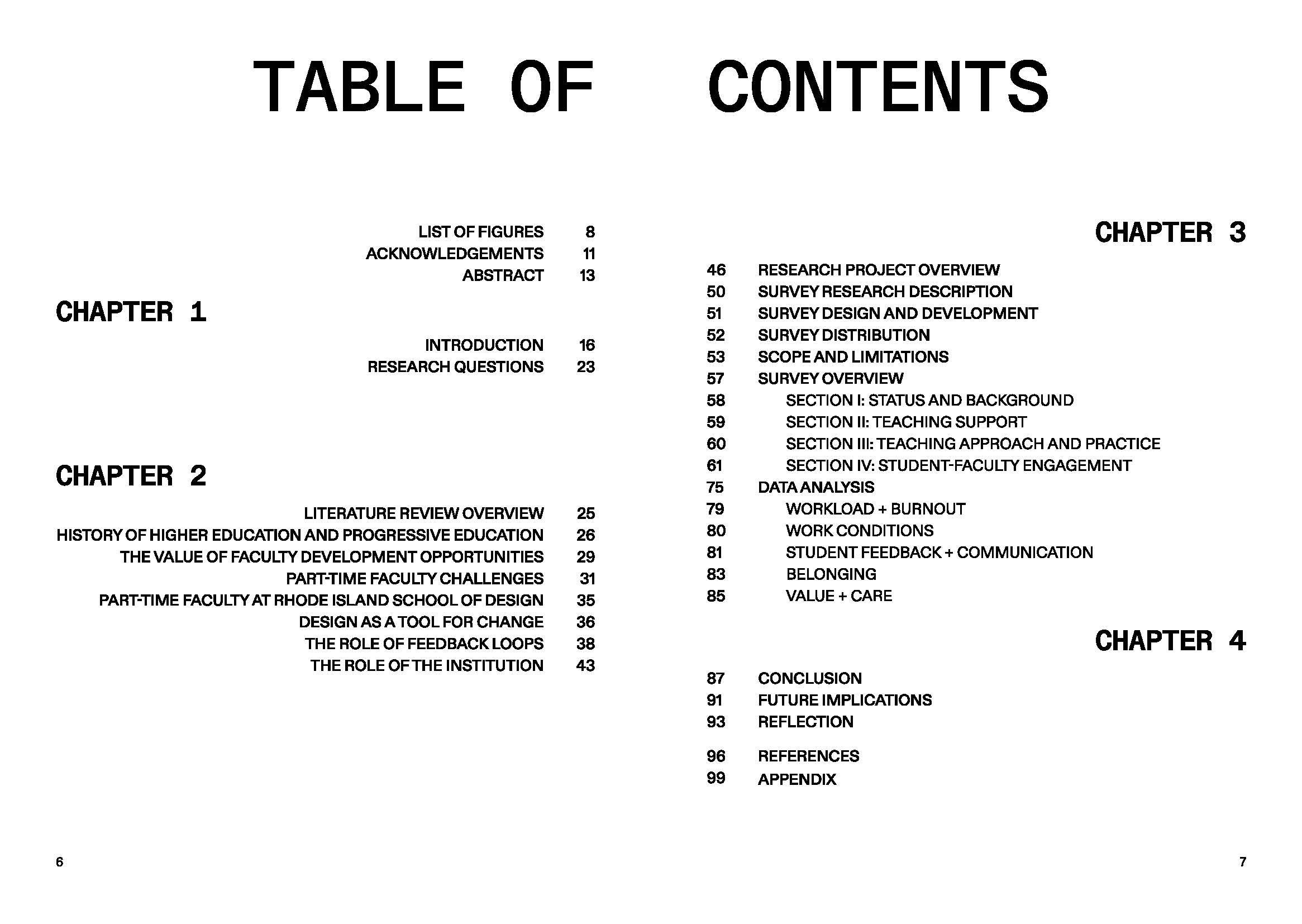 Black and White Table of Contents for Thesis Book