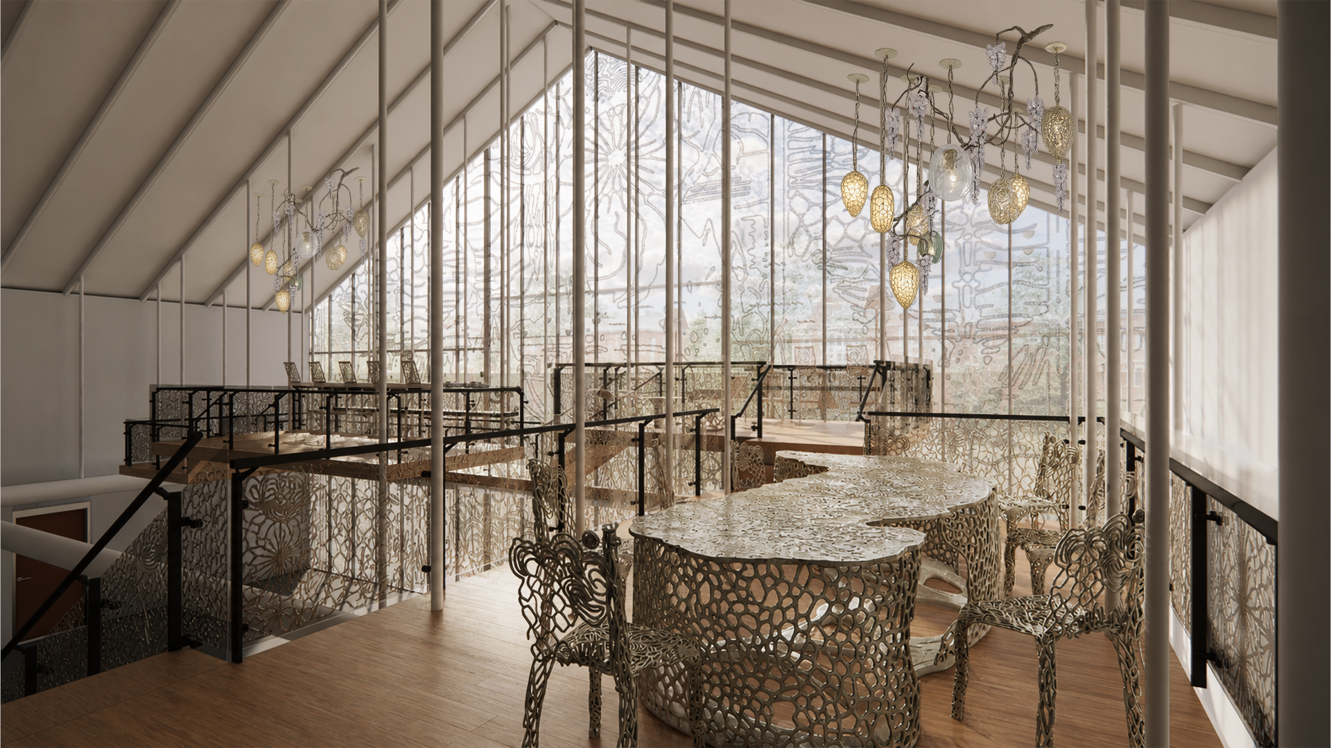 Interior rendering of The Met dining hall with elevated catwalks, screened seating areas, and tall bird-safe glazed walls for protected bird observation.