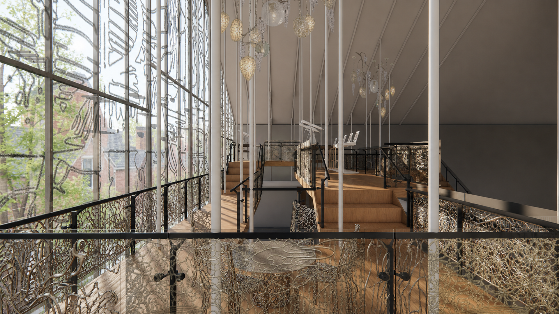Interior rendering of The Met dining hall with elevated catwalks, stepped platforms, patterned glazed walls, and screened railings for protected bird observation.