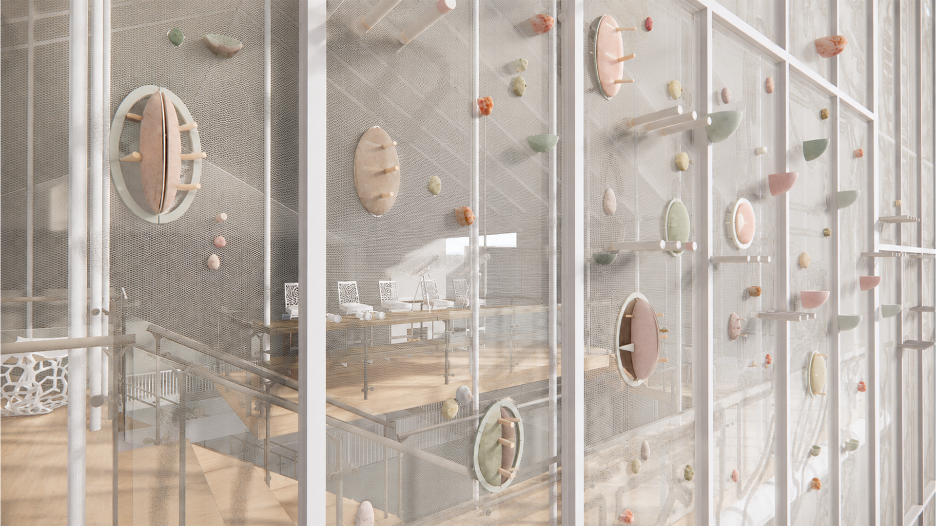 Close-up rendering of patterned glazed walls with mesh screening and pastel perch markers inside The Met dining hall.