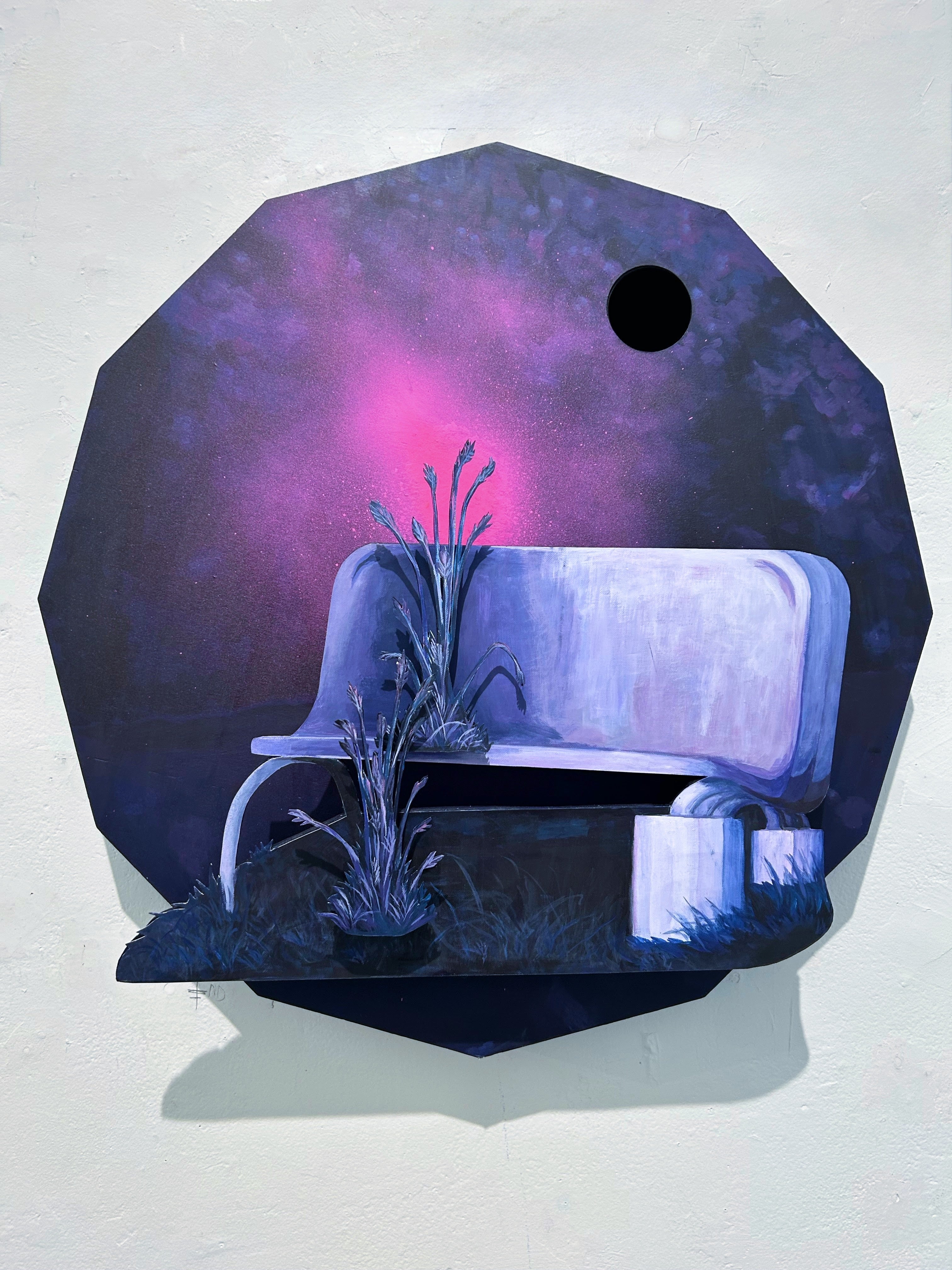 Purple bench with pink halo.