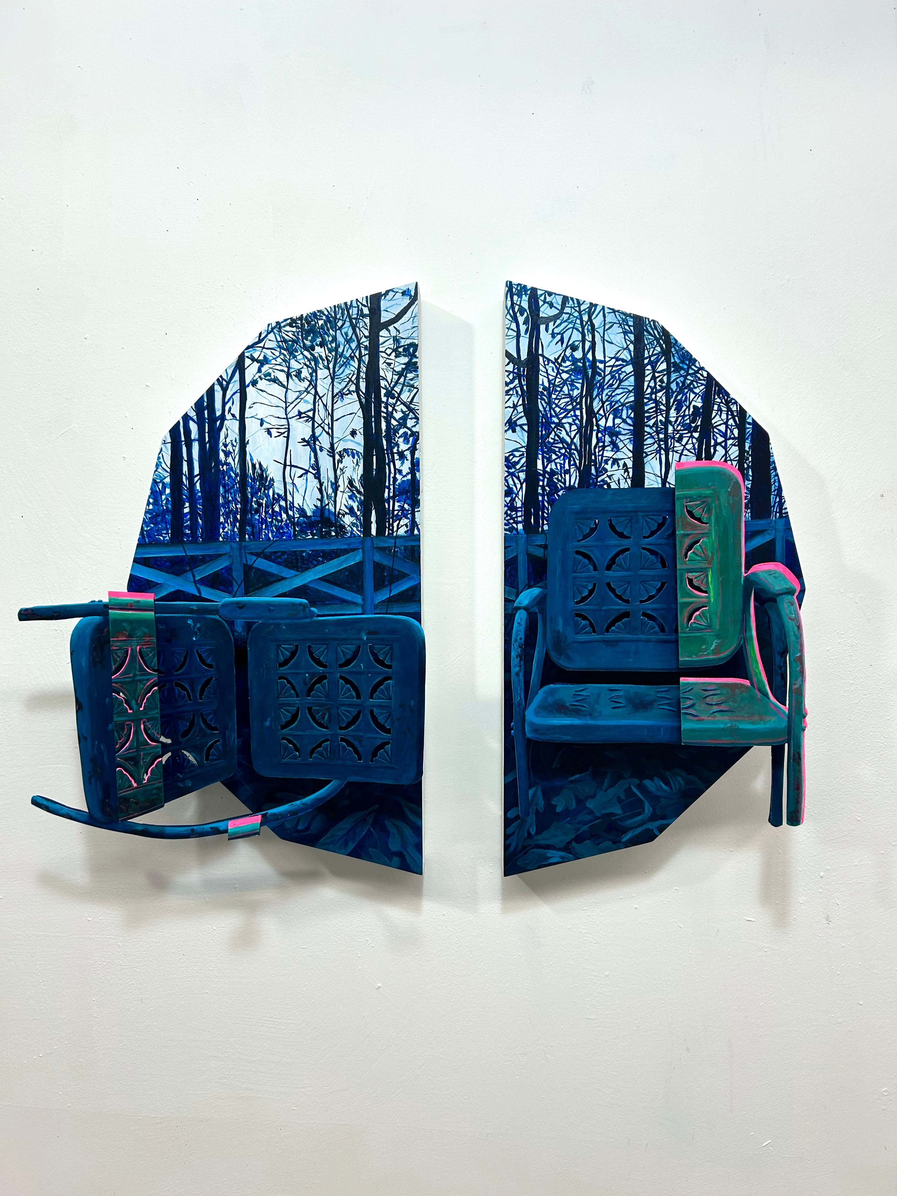 Two blue chairs. 