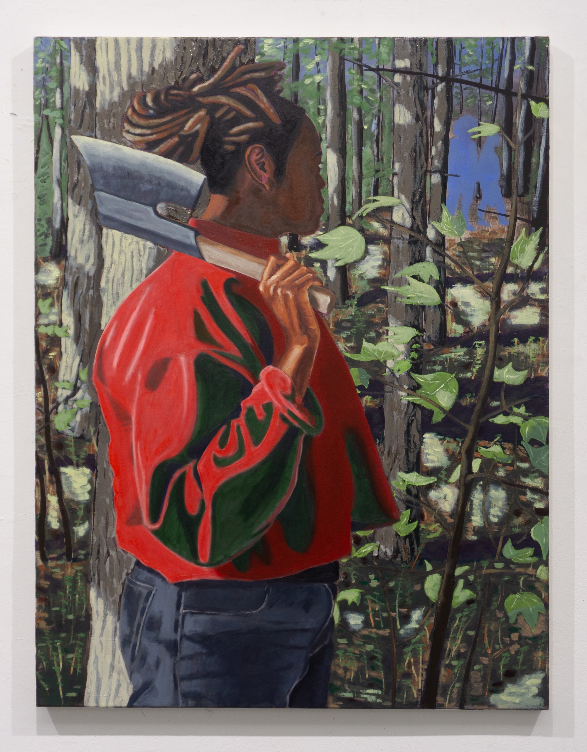 Set in a forested area, a black female figure with locs stands with her axe rests on her shoulder. Looking into the middle distance as she sees two light blue silhouettes and ponders. 