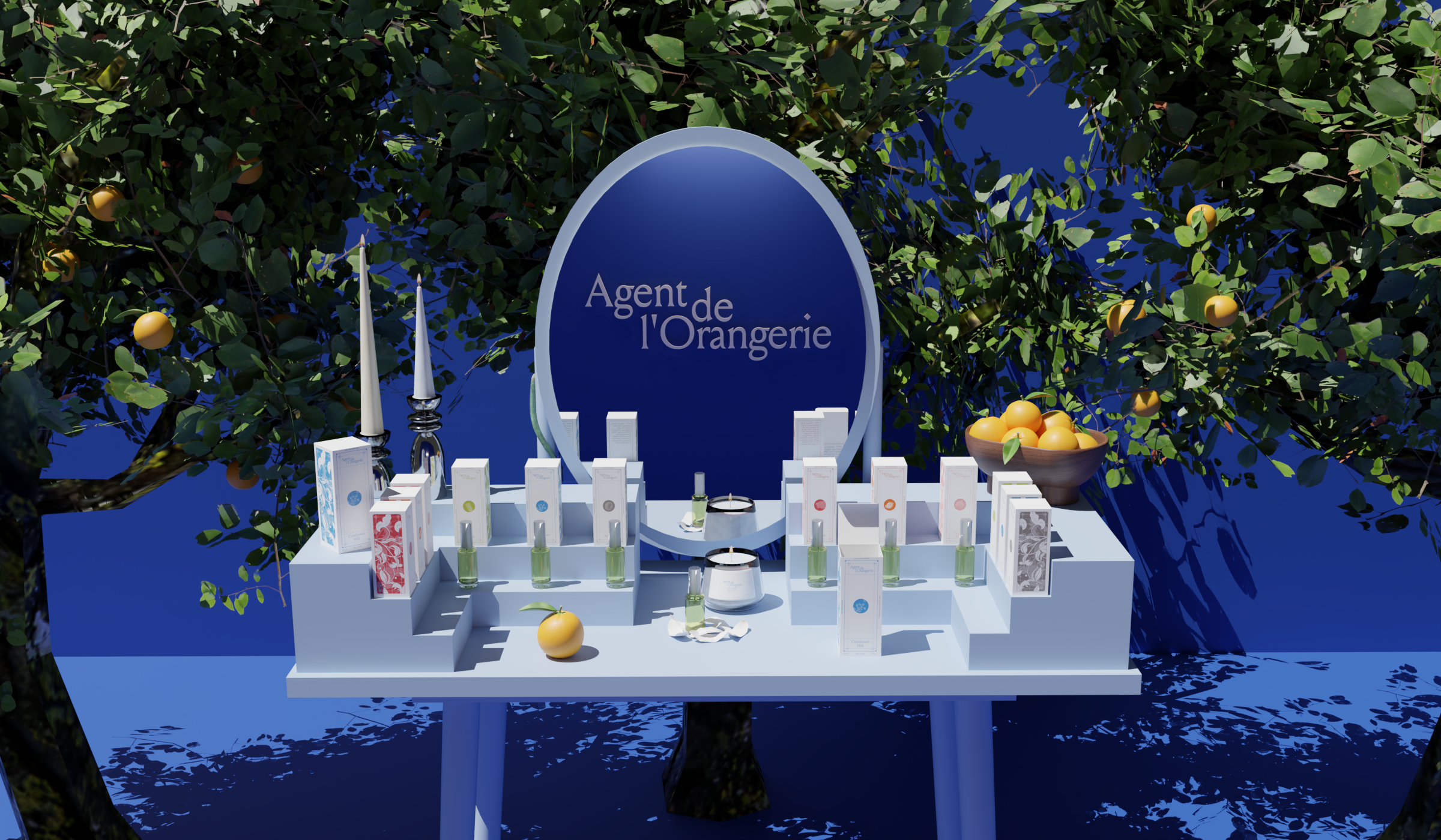 3D rendering of a vanity with orange trees on either side. Perfume boxes, candles, and the Agent de l'Orangerie logo reflected in the mirror.