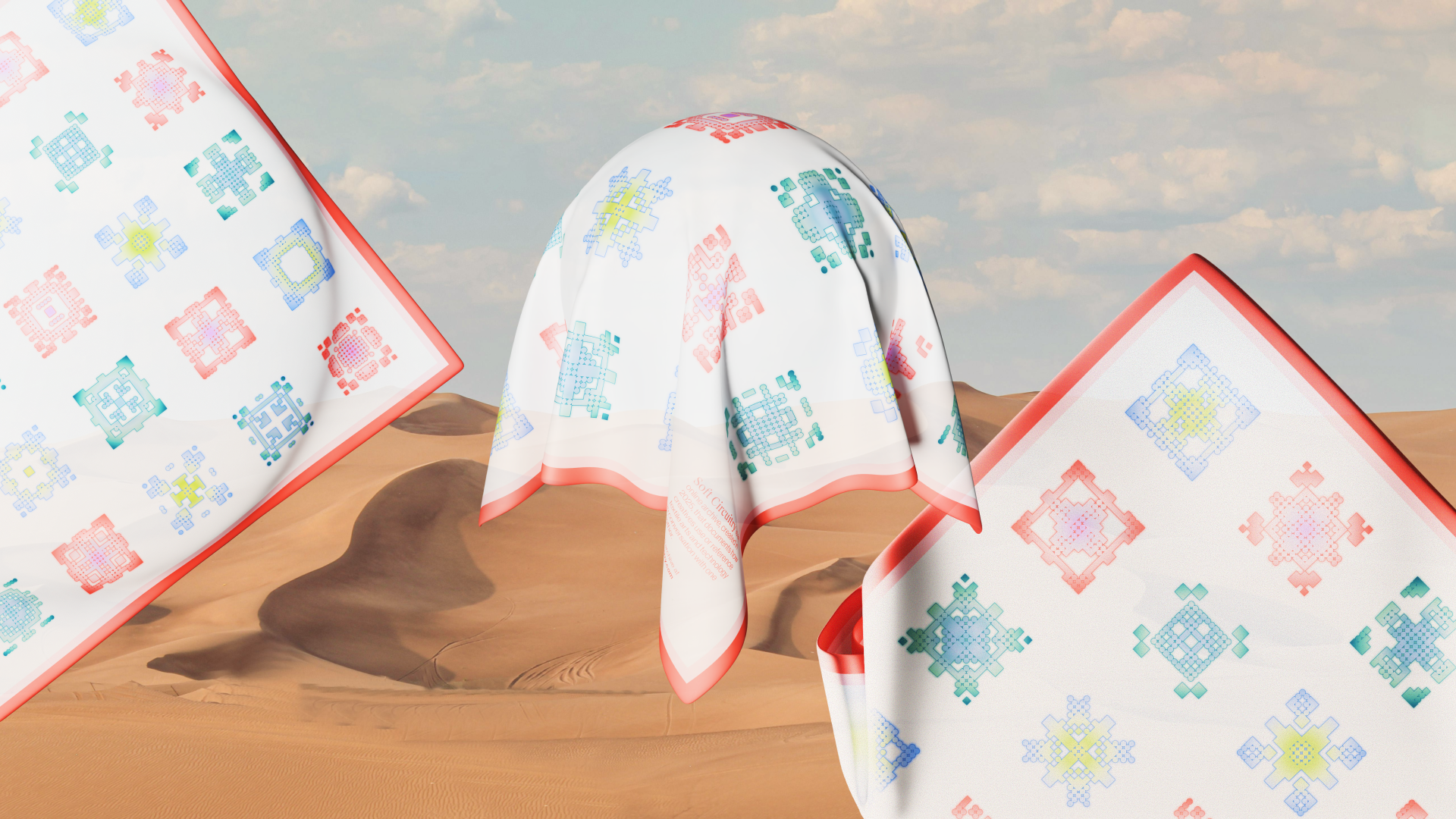 3d rendering of the same scarf in three different views. The scarfs are floating against a desert scene. The scarfs feature colorful symbols that resemble QR codes.