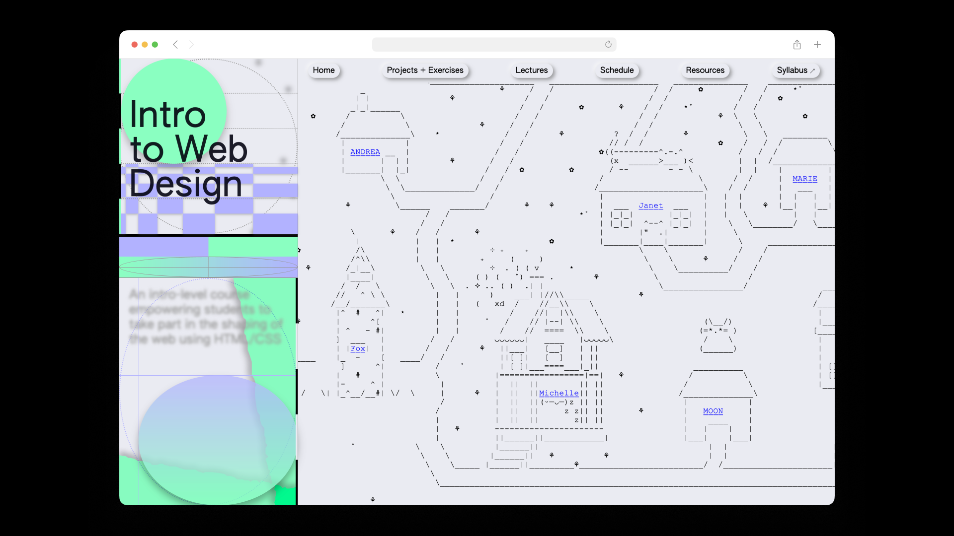 Screenshot of a homepage for a course website titled "Intro to Web." Sidebar features the heading "Intro to Web" with colorful shapes. The right side of the page features ASCII art resembling homes.