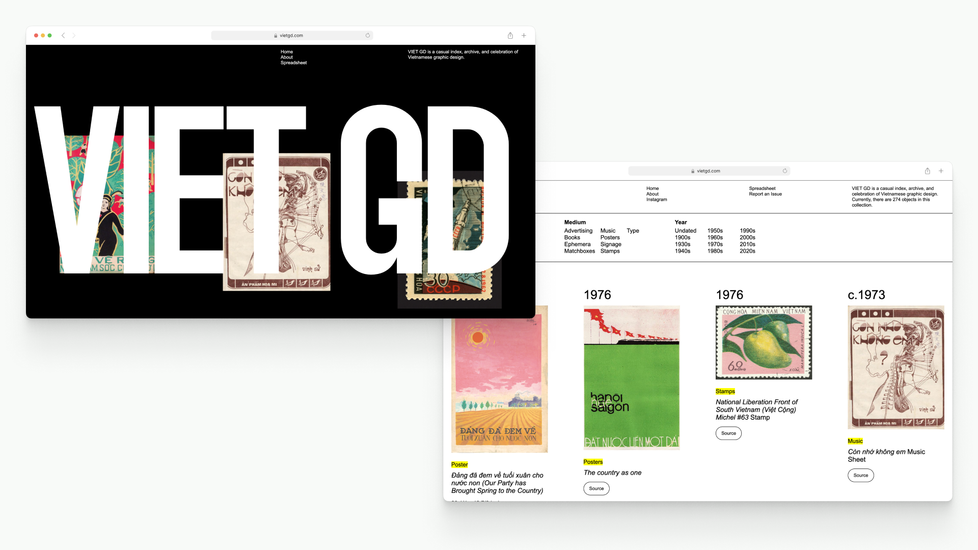 Screenshots of the Vietnamese Graphic Design website. The first screenshot shows the text "VIET GD" filling up most of the screen. The second screenshot shows four posters in the collection.