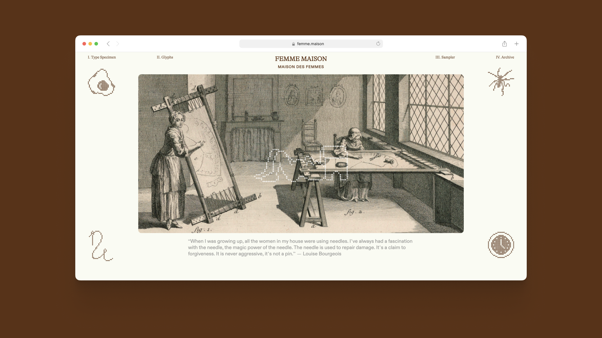Screenshot of the Femme Maison website, featuring an illustration by an artist which shows two women weaving. The website features four pixel glyphs in the corners, including a fried egg, spider, clock, and needle and thread.