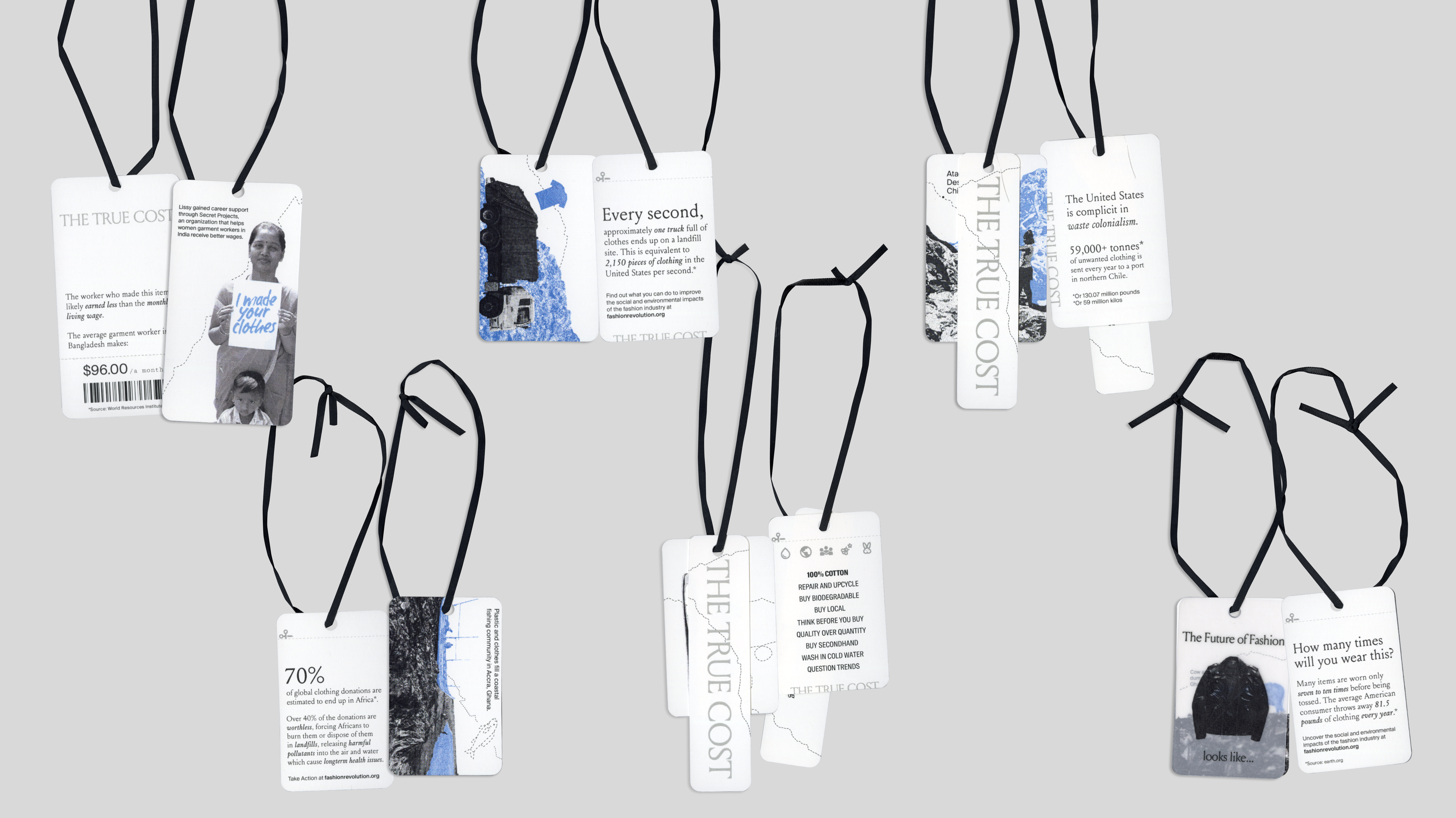 Showing the front and back of six clothing tags and black ribbons. The front features an illustration and the back features informative text about the impact of fast fashion.