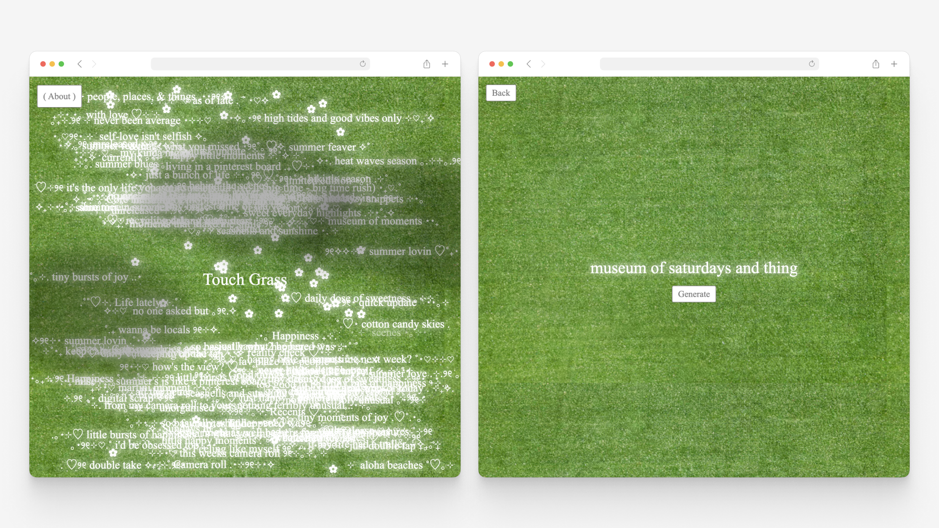 Two screenshots of the Touch Grass website. The left screenshot shows the home page with an accumulation of text or Instagram captions against a grassy background. The right screenshot shows the caption generator.