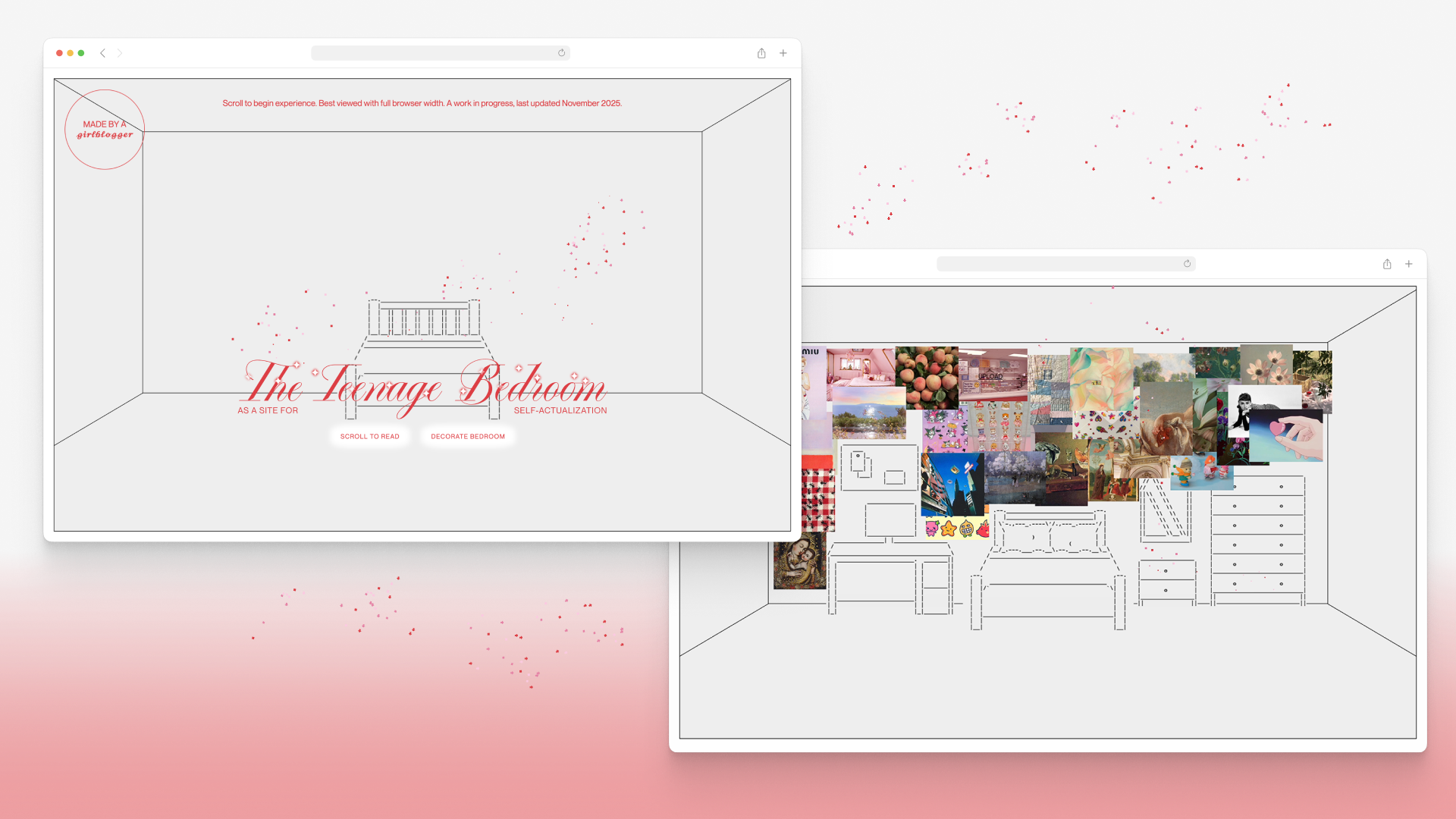 The left screenshot shows the landing page of the Teenage Bedrooms as Cultural Sites website. The right screenshot shows the ASCII bedroom with a collage of poster images.