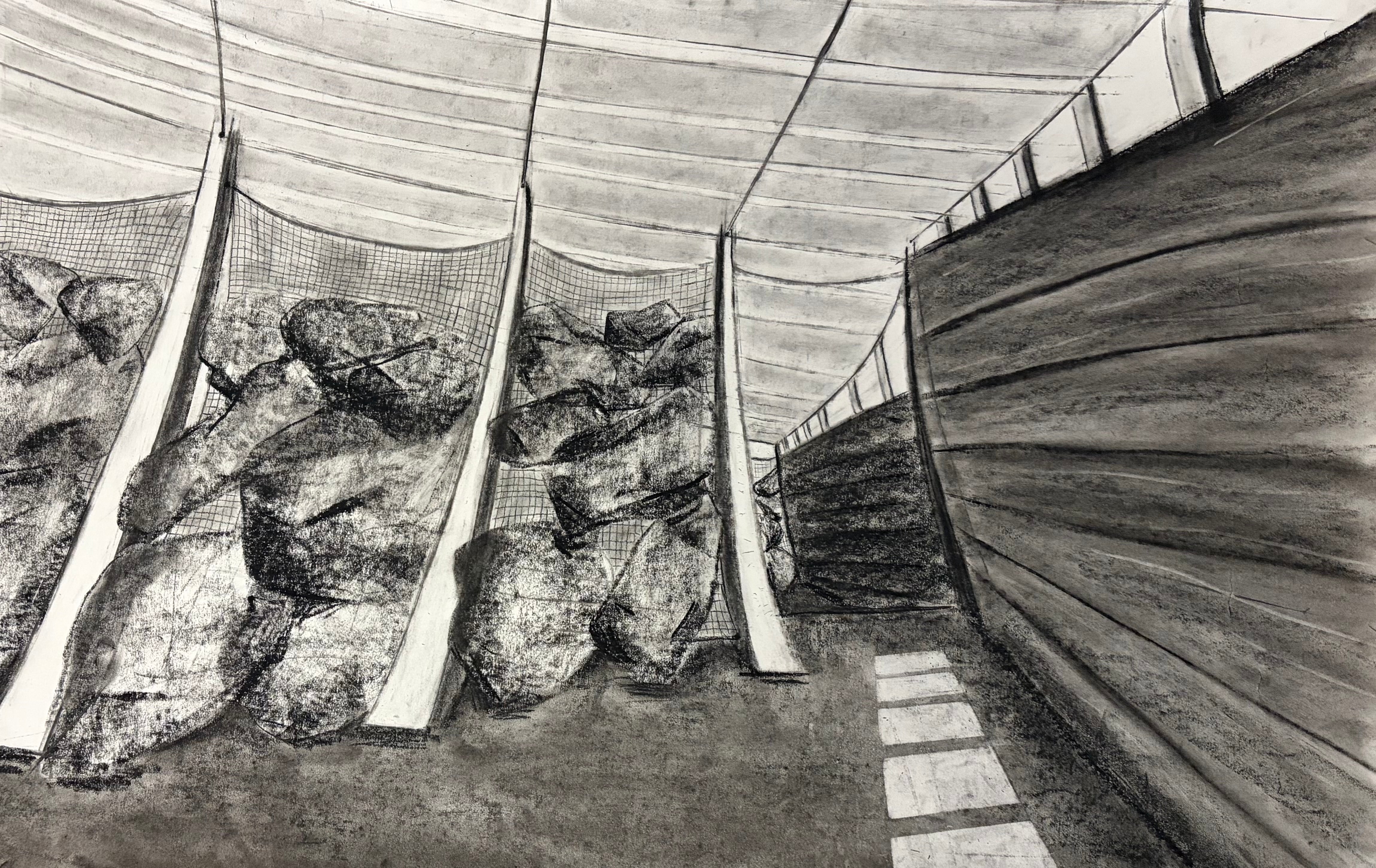 A charcoal drawing of a building made of rock debris caught by nets.