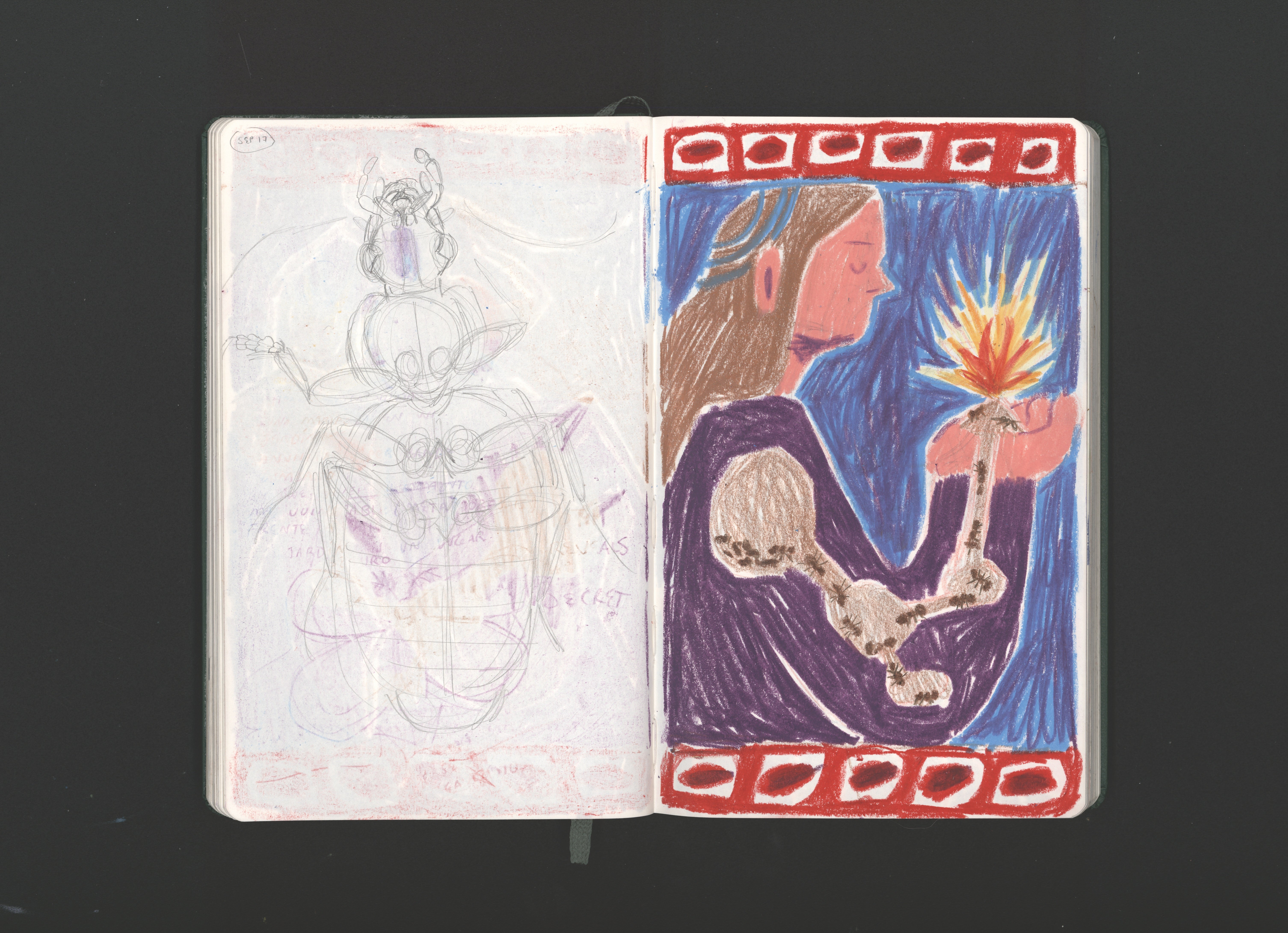 This sketchbook spread depicts a person containing ants inside. In her hands, there is an anthill from which ants are going out. 