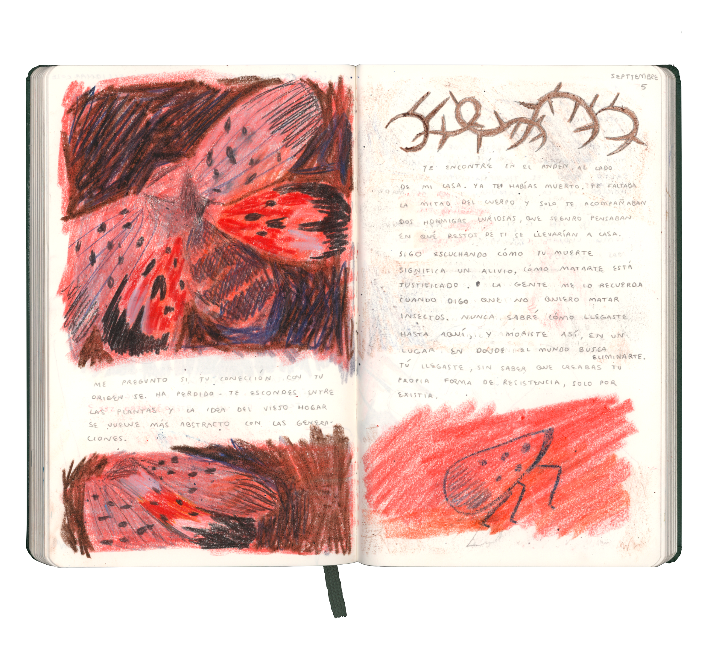 "Sketchbook spread depicting a spotted lanternfly with text that says ""I found you on the sidewalk, next to my house. You were already dead. Half of your body was missing and your only company were two curious ants that might have been wondering what parts of you they would take back home."" "