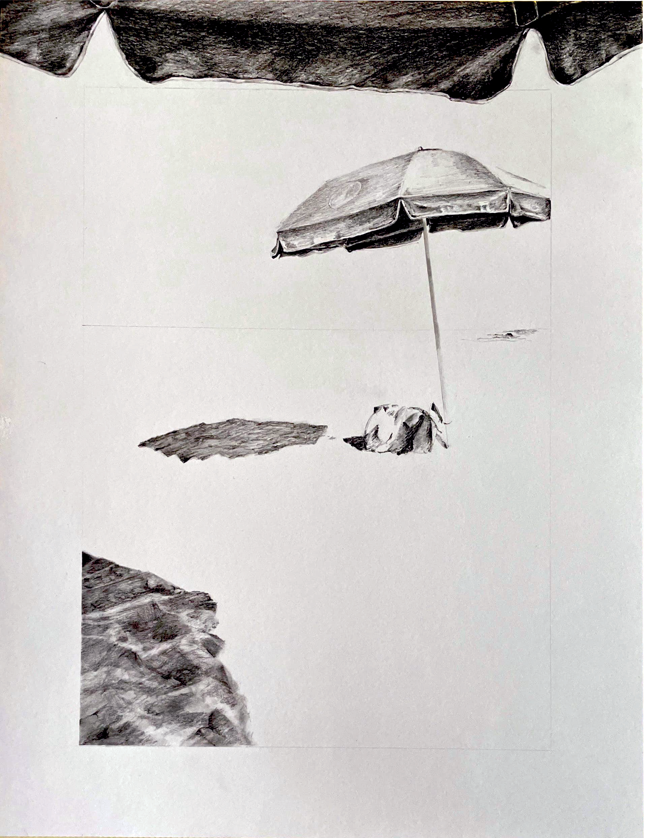 Umbrellas: Graphite and pencil drawing of Dunes Club beach umbrellas and shore fragments on white, evoking leisure and coastal erosion.