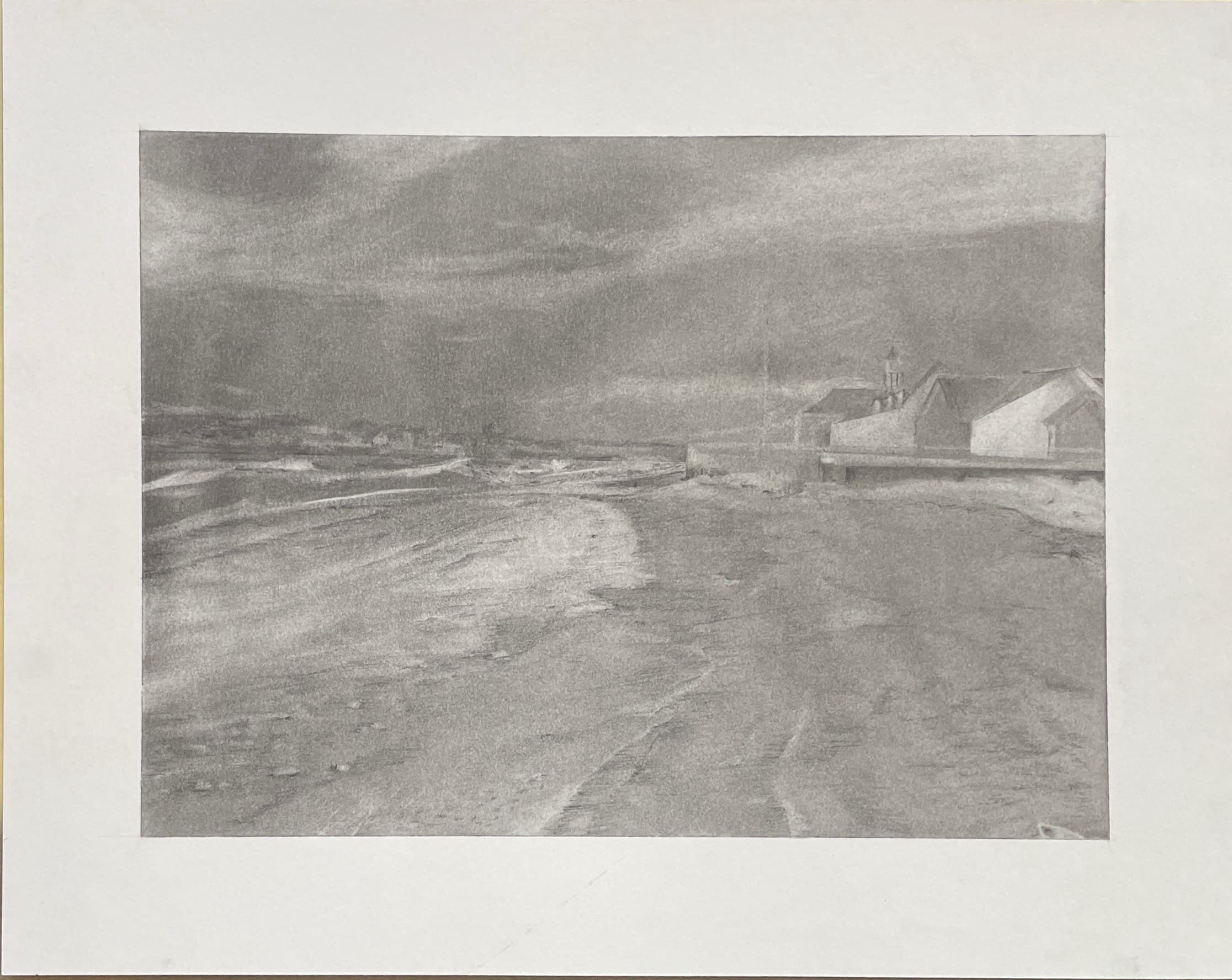 Low Incoming Tide: Graphite Dust and Pencil drawing of a wide winter beach at low tide with Dunes Club and storm clouds on the horizon.