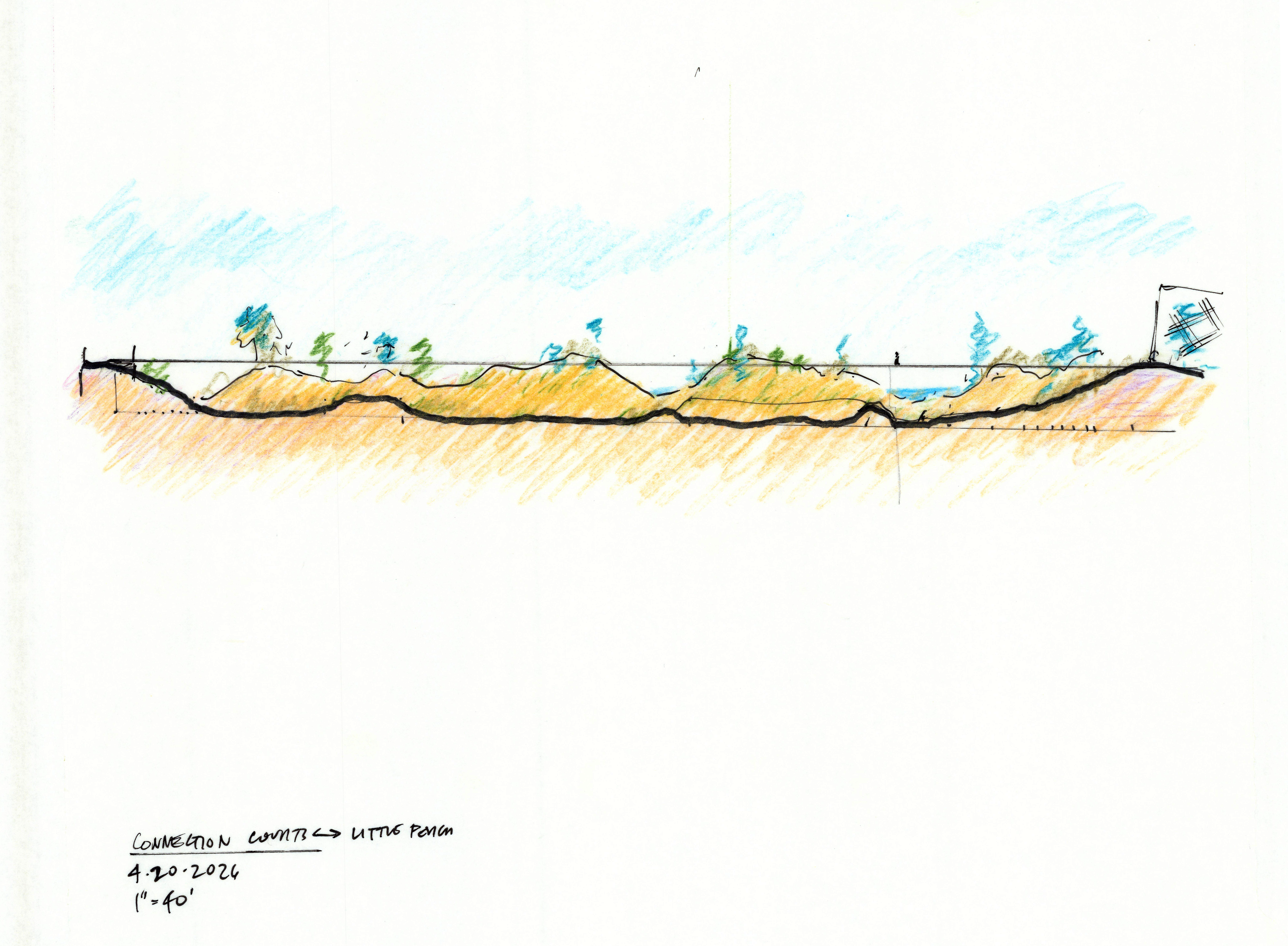 Drift Line Concept Section: Color pencil section of proposed dune and driftline connection from courts to Little Porch, Dunes Club, Narragansett, 1"=40'.