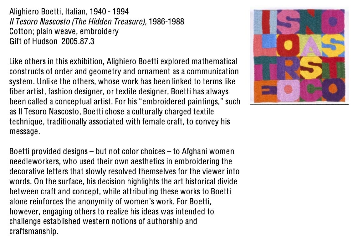 A screenshot with a short paragraph of biographical information about the artist and some collections information. Below are two paragraphs of interpretive description that describe Boetti's use of a culturally charged craft and his collaboration with Afghani women needleworkers. A small image of the artwork is in the top right. 