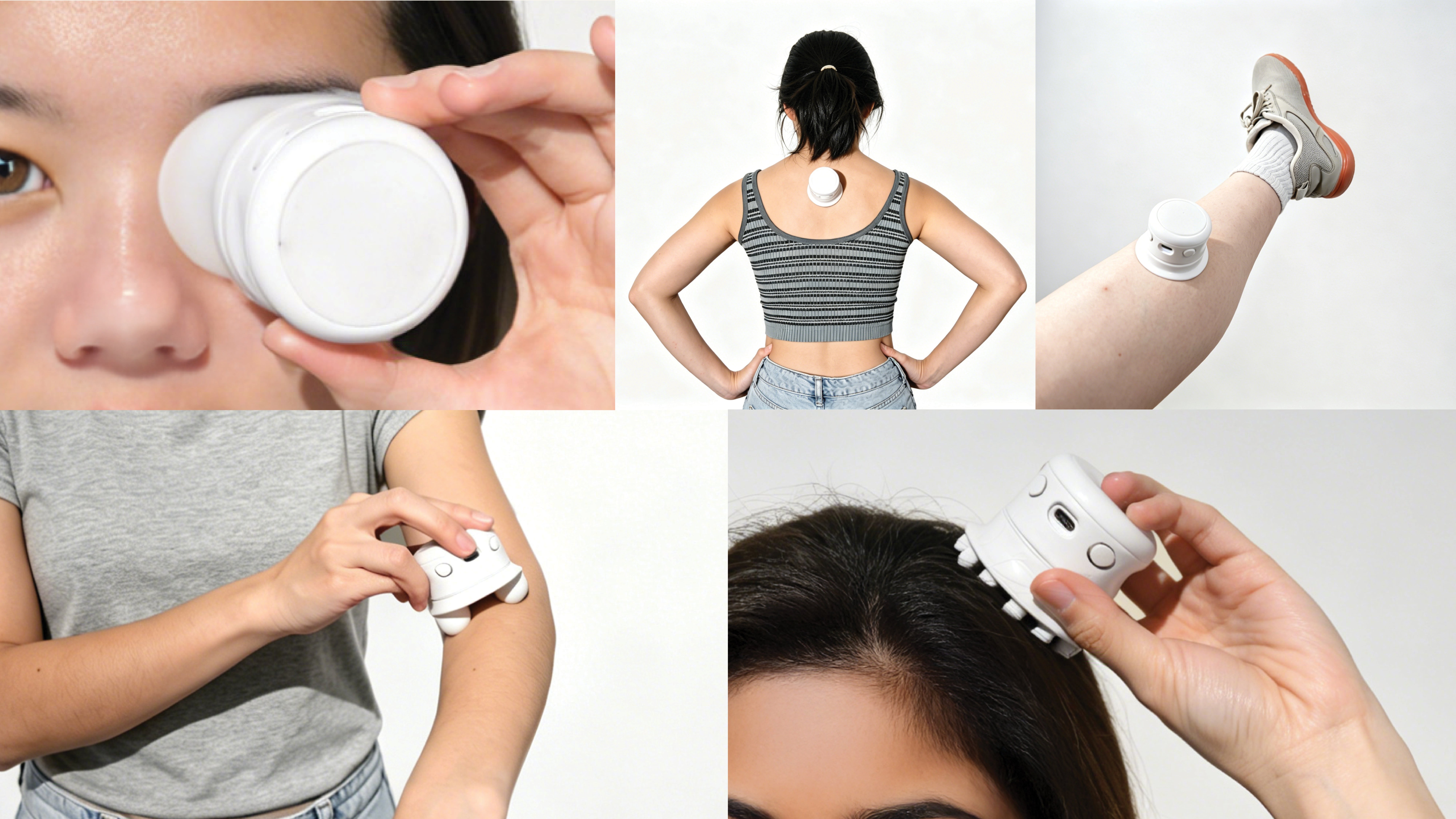 People using the steam device on different parts of the body, including the arm, leg, eye area, scalp, and back.