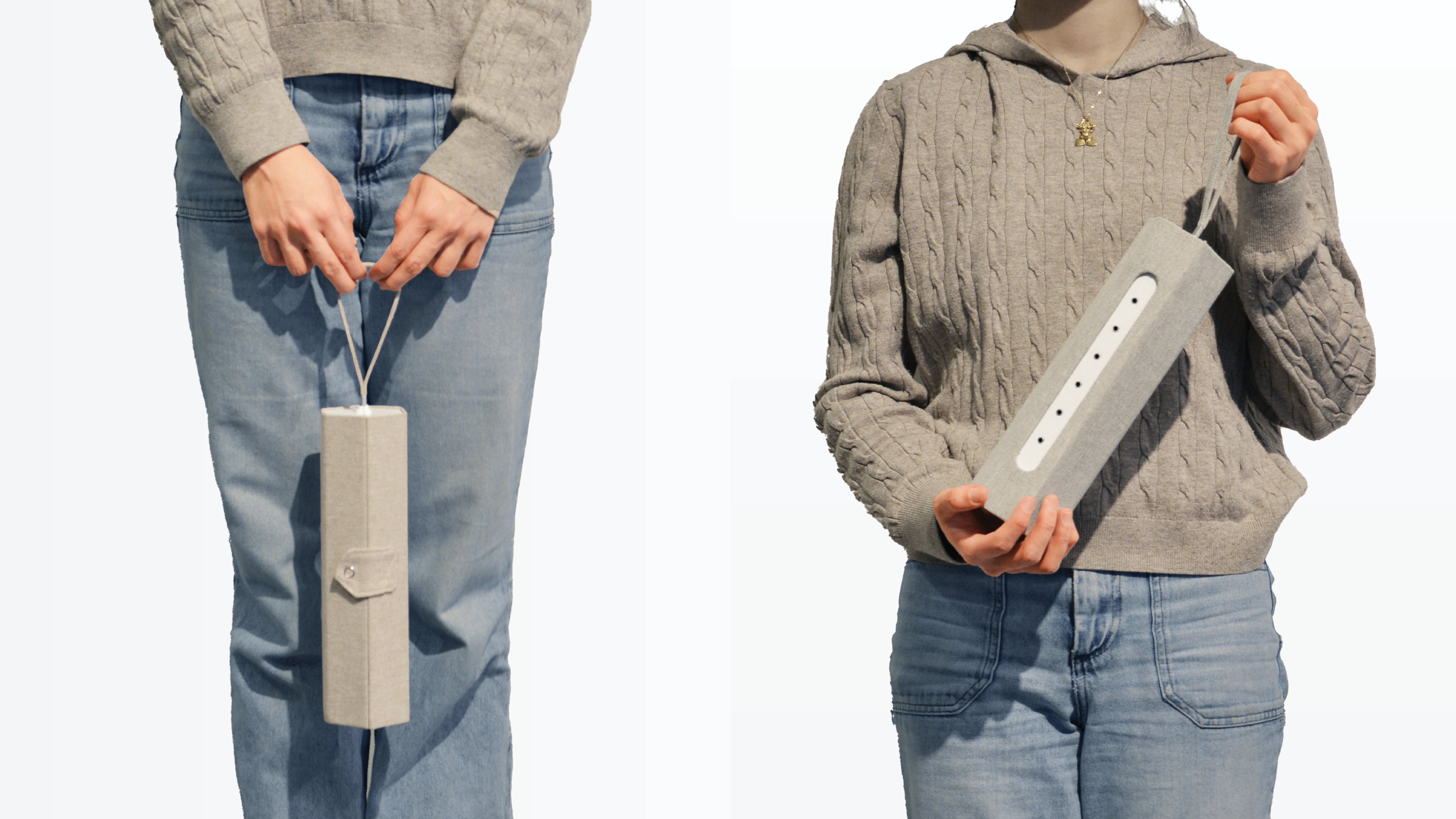 Two models each holding a steam device—one beige, the other gray.