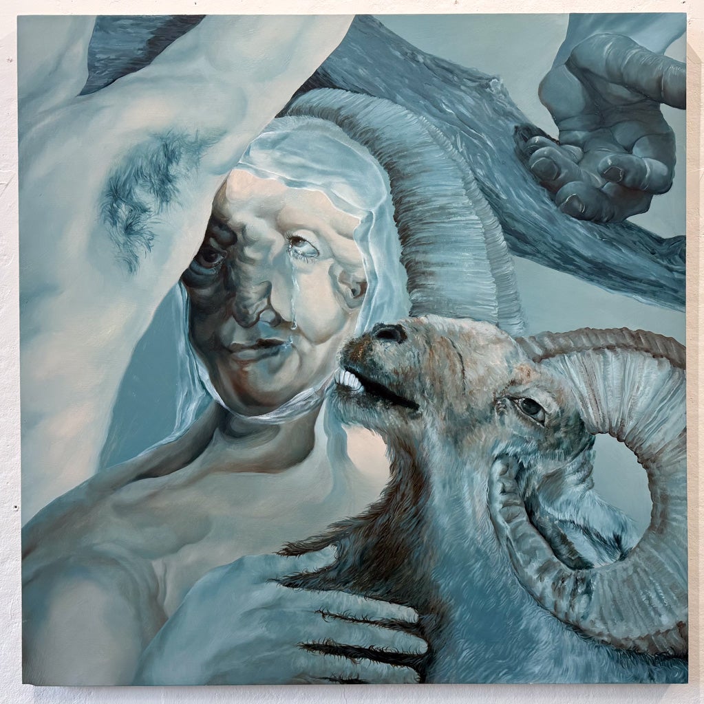 Distorted human and ram forms intertwined in cool blue tones, with overlapping limbs and a translucent covering over the face.
