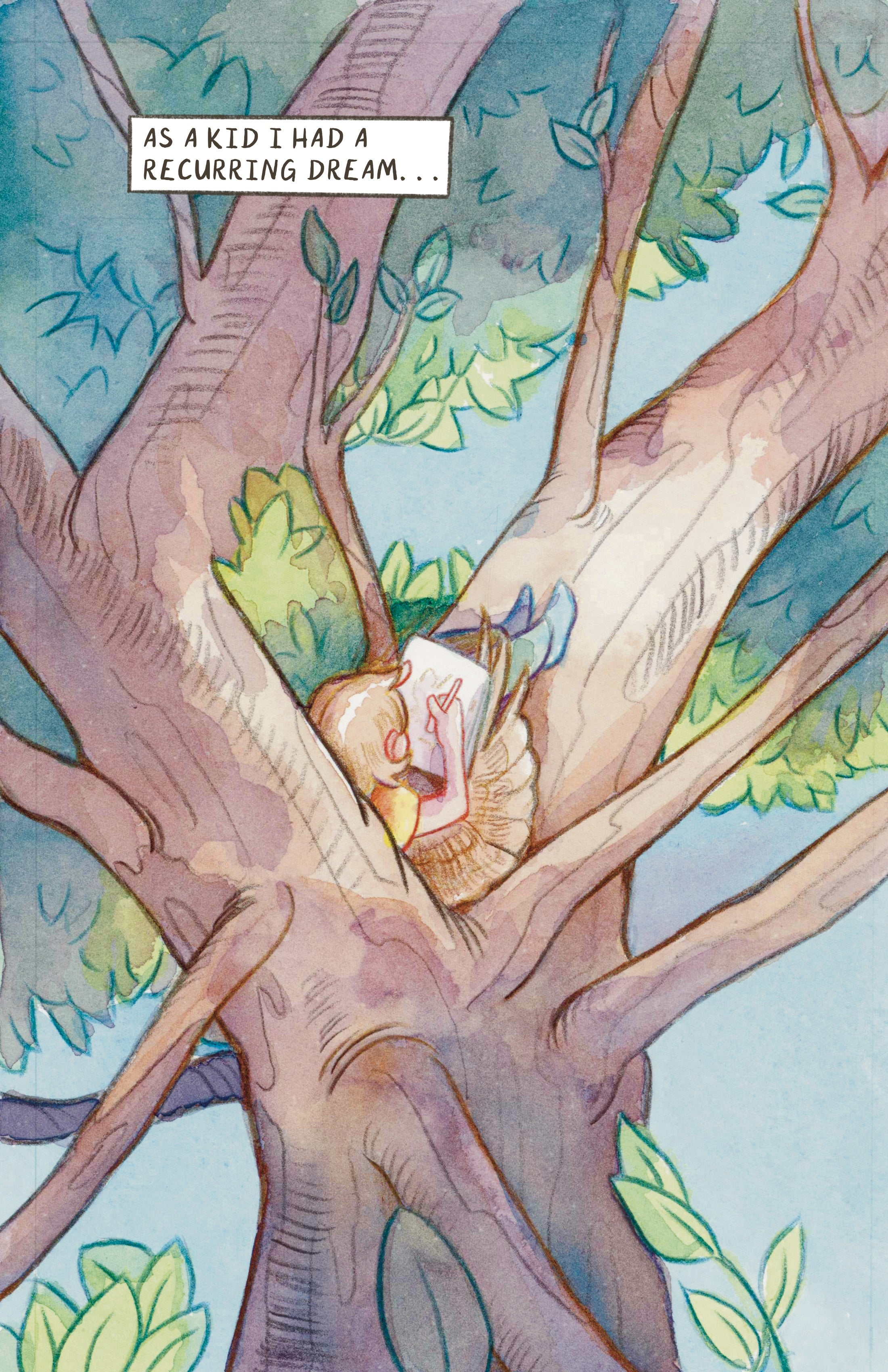 A comic page showing a single image of a child with wings sitting in a tree and drawing on a pad of paper. The text reads "as a kid I had a recurring dream".