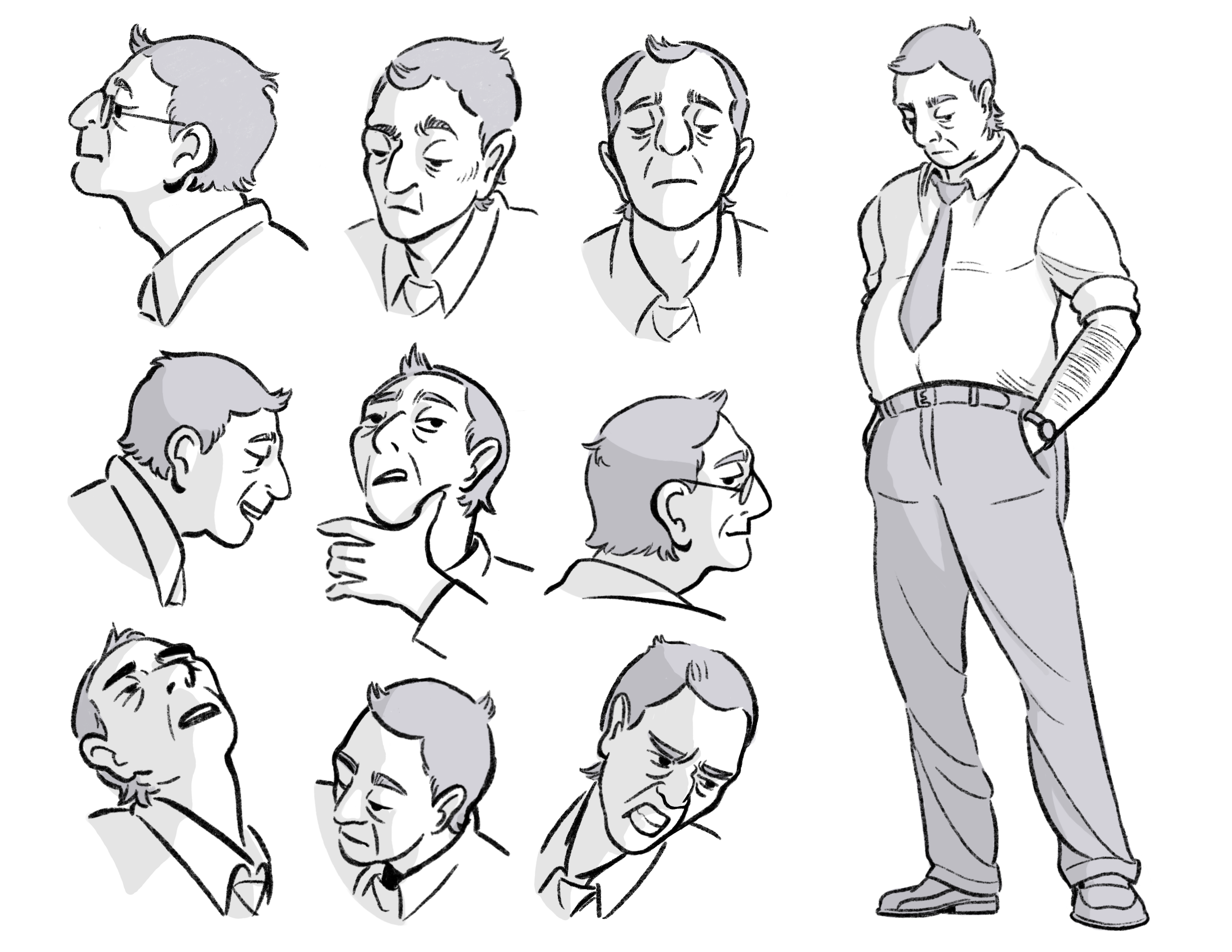 A character design of an older business man, dressed in slacks, a button down, and tie. 