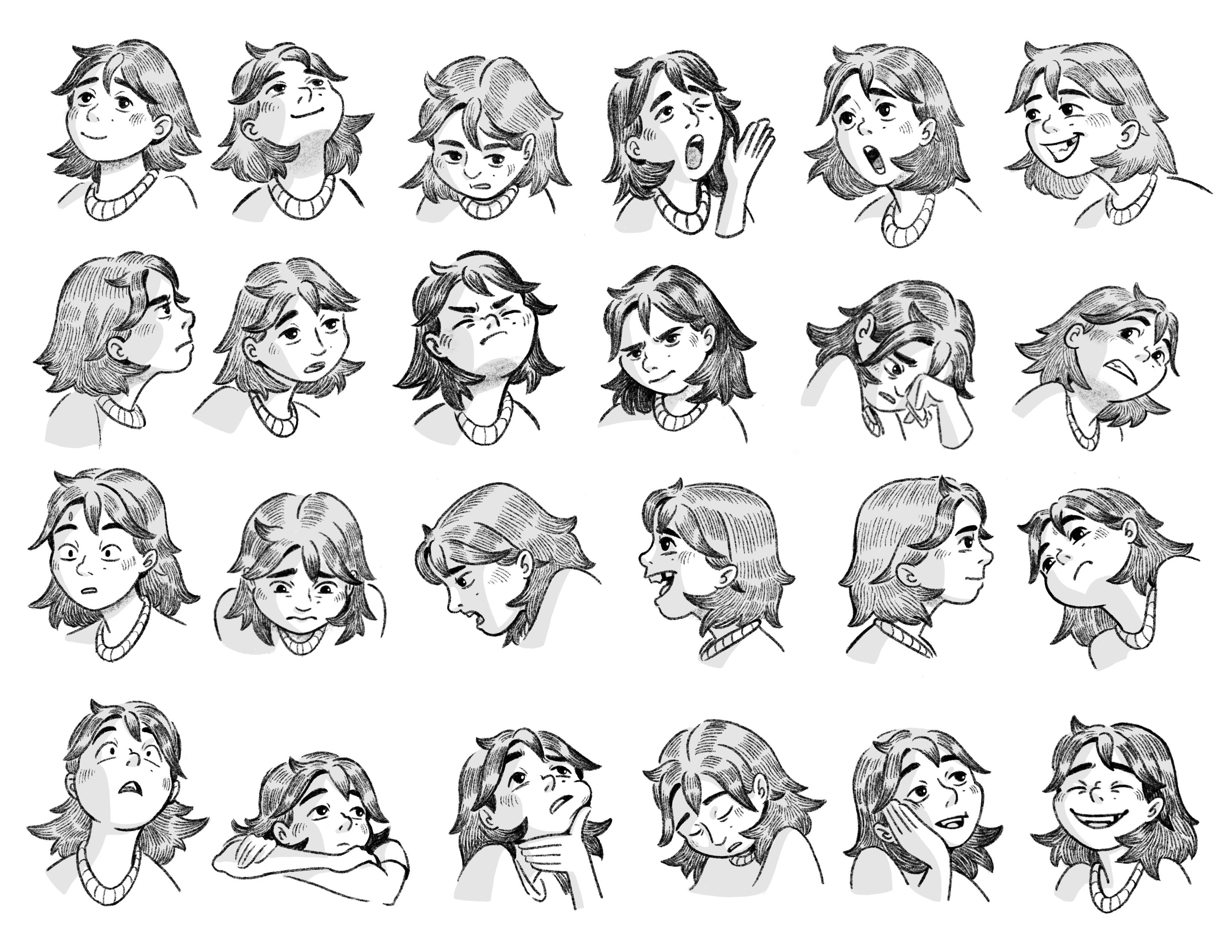 An expression sheet illustrating the different emotions of a young girl.