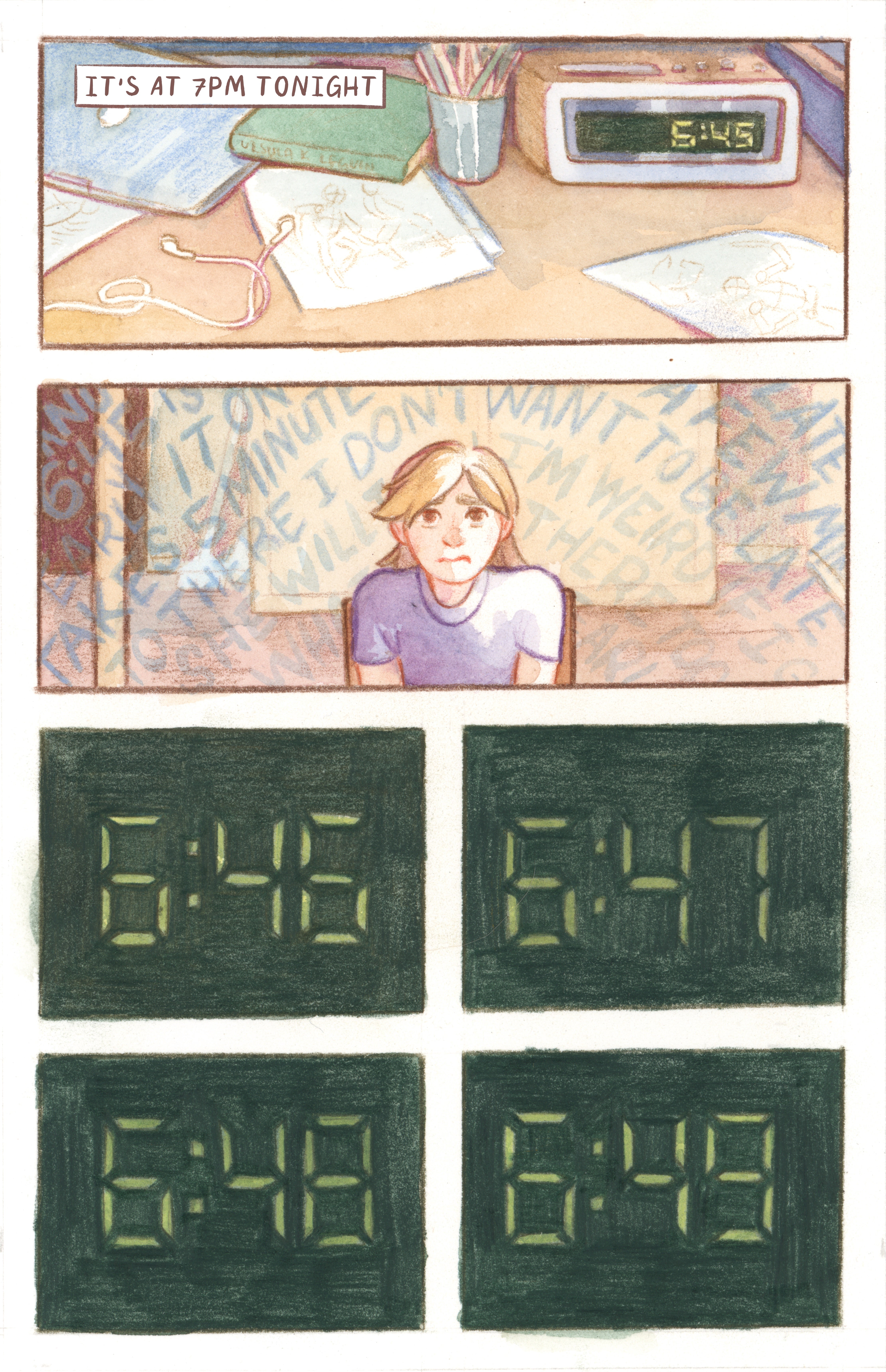 A comic page showing a young woman waiting anxiously as a clock ticks. The text reads "its at 7pm tonight".