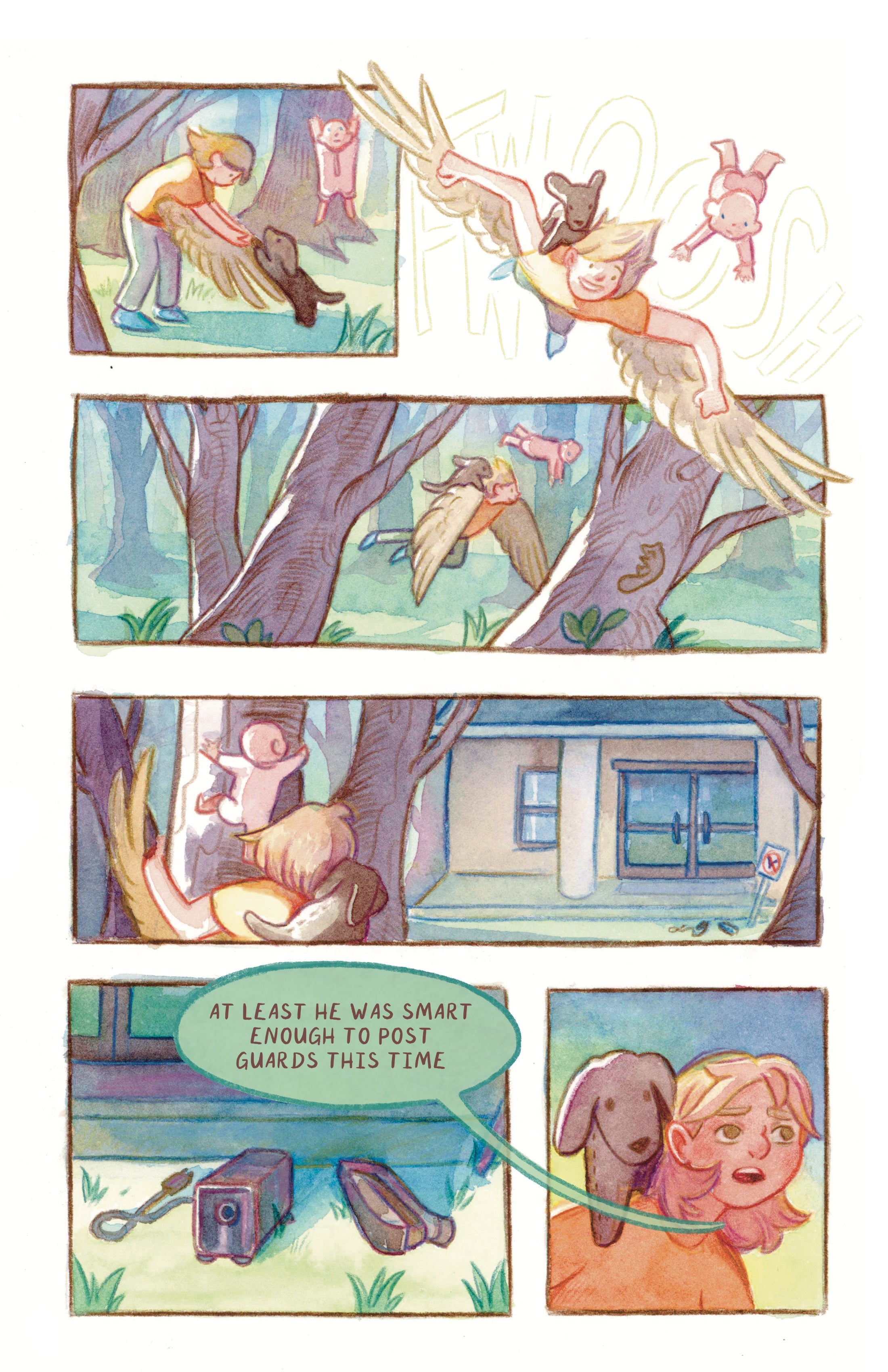 A comic page of a young girl with wings flying through the woods with a sentient baby doll and stuffed dog. They arrive at a building. A stapler and pencil sharpener sit on the ground. "At least he posted guards this time" the girl says. 
