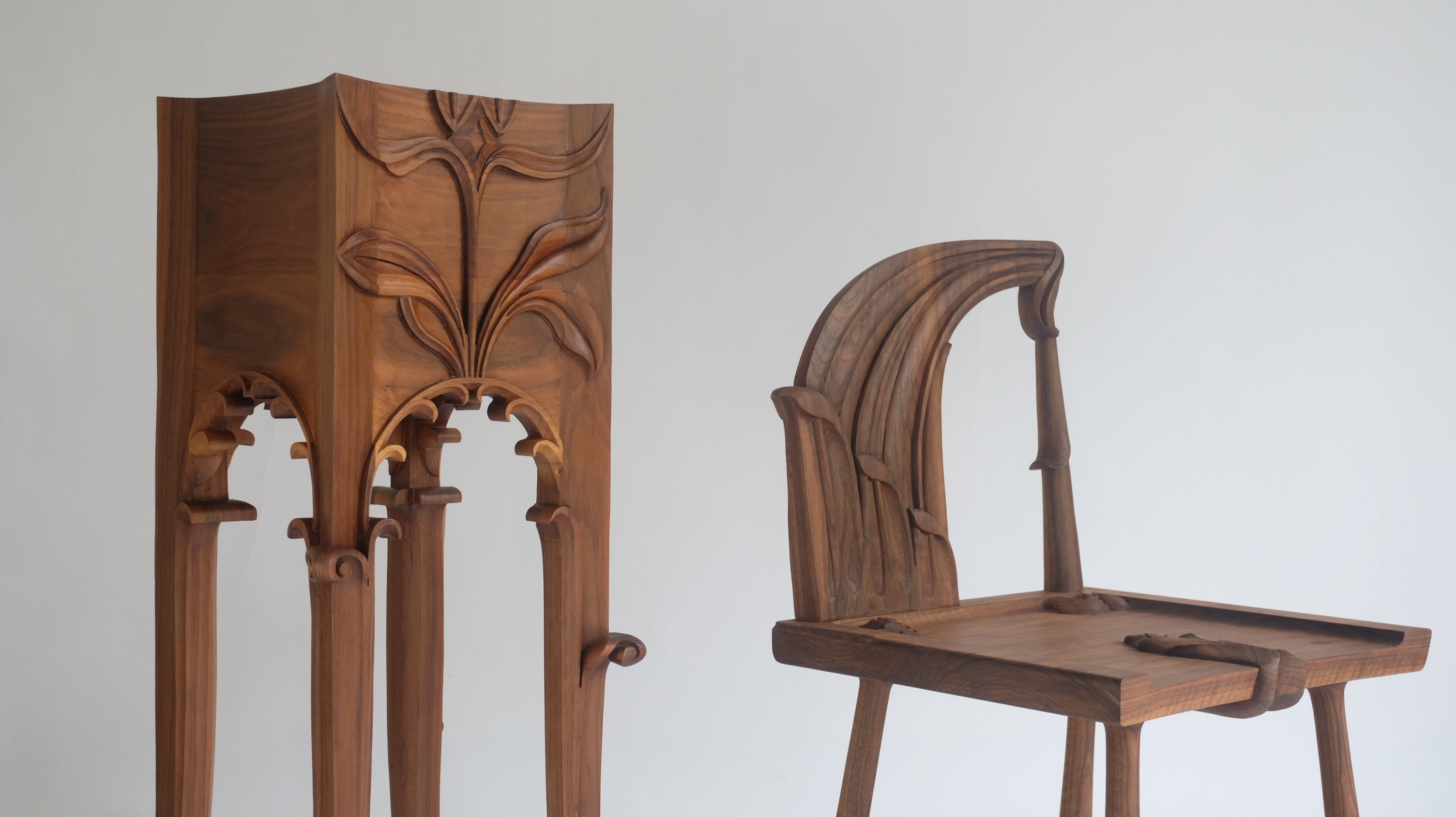 Contemporary wood sculpture, 36x14x14 inches, fusing 600-year carving tradition with modern aesthetics through leaf-inspired forms and precise cuts