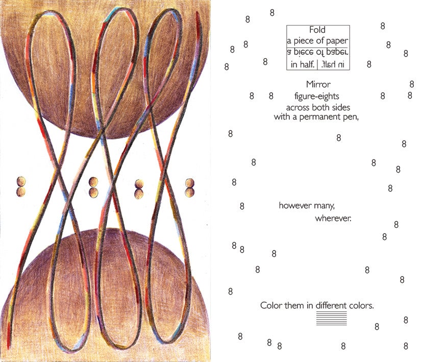 Left is the image side: interwoven colored figure-eight lines extend vertically between two brown circular forms, forming a symmetrical looping structure, with small dots arranged across the center suggesting the number eight, creating a continuous rhythm. Right is the prompt side: minimal text and dispersed “8” symbols on a white layout instruct folding a piece of paper, drawing mirrored figure-eights on both sides, and coloring them in different colors.