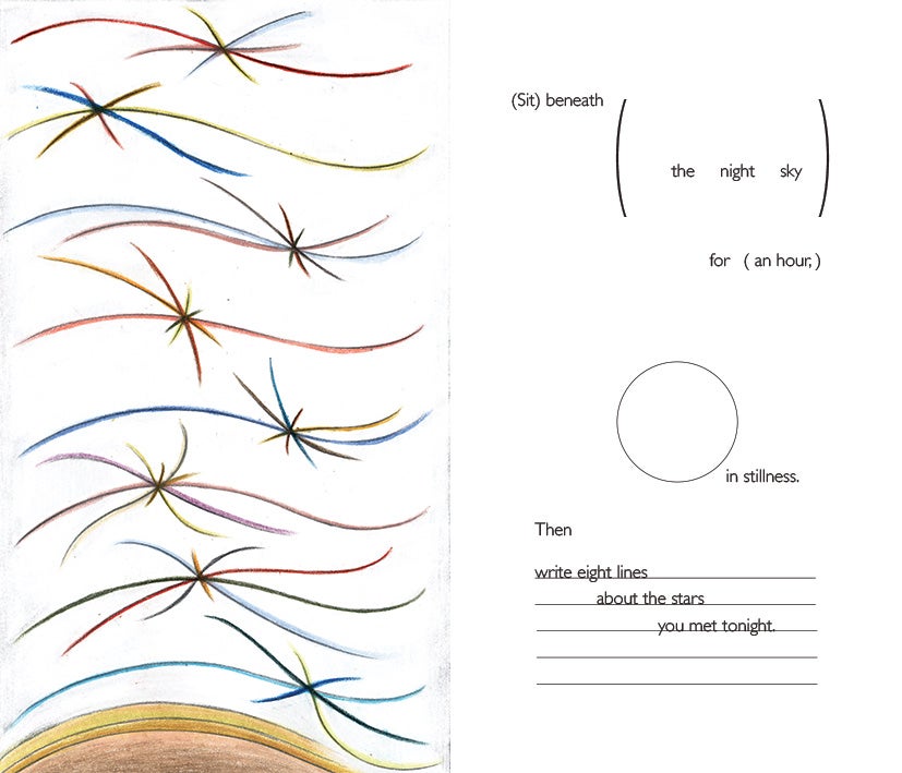 Left is the image side: multiple radiating colored lines extend outward from central points, forming star-like shapes across a white night sky, with a curved horizon at the bottom. Right is the prompt side: minimal text on a white layout instructs sitting beneath the night sky for a period of time and writing eight lines about the stars.