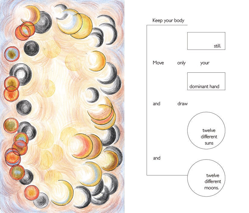 "Left is the image side: suns and moons in circular and crescent forms are arranged in a looping path, alternating warm and dark tones, with a soft glow at the center. Right is the prompt side: minimal text on a white layout instructs keeping the body still, moving only the dominant hand, and drawing twelve different suns and twelve different moons."
