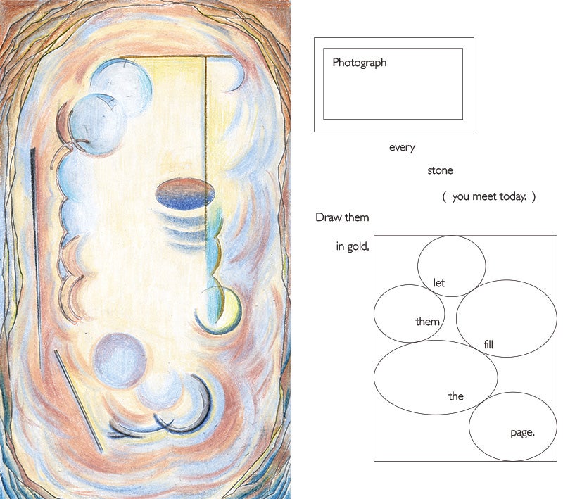 Left is the image side: soft colored strokes expand around a central, rock-like window structure, with floating circular and curved forms arranged in light layers. Right is the prompt side: minimal text on a white layout instructs photographing every stone encountered that day and drawing them in gold to fill the page.