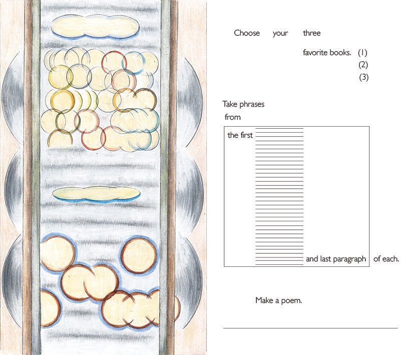 Left is the image side: repeated circular forms resembling speech bubbles are arranged within a vertical, book page-like layout, with symmetrical curved shading on both sides, creating a soft layered rhythm. Right is the prompt side: minimal text on a white layout instructs choosing three favorite books, taking phrases from the first and last paragraphs of each, and combining them into a poem.