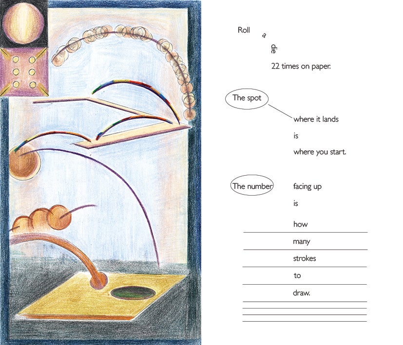 Left is the image side: curved lines and circular forms create a path-like movement through the space, suggesting the trajectory of a die as it falls and bounces, with multiple nodes above and to the left and a landing point at the bottom. Right is the prompt side: minimal text on a white layout instructs rolling a die 22 times, using each landing spot as a starting point and the number facing up to determine the number of drawing strokes.