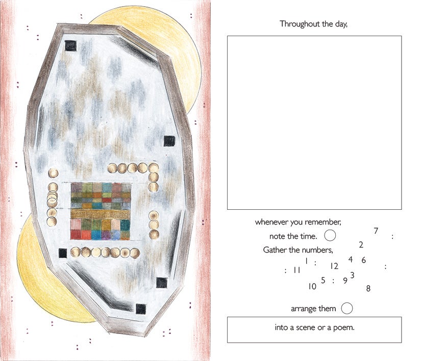 Left is the image side: an irregular polygonal form resembling a clock face sits at the center, with a grid and circular elements suggesting numbers and divisions of time, surrounded by symmetrical nodes and layered halos, forming a static spatial composition. Right is the prompt side: minimal text on a white layout instructs noting times throughout the day, gathering the numbers, and arranging them into a scene or a poem.